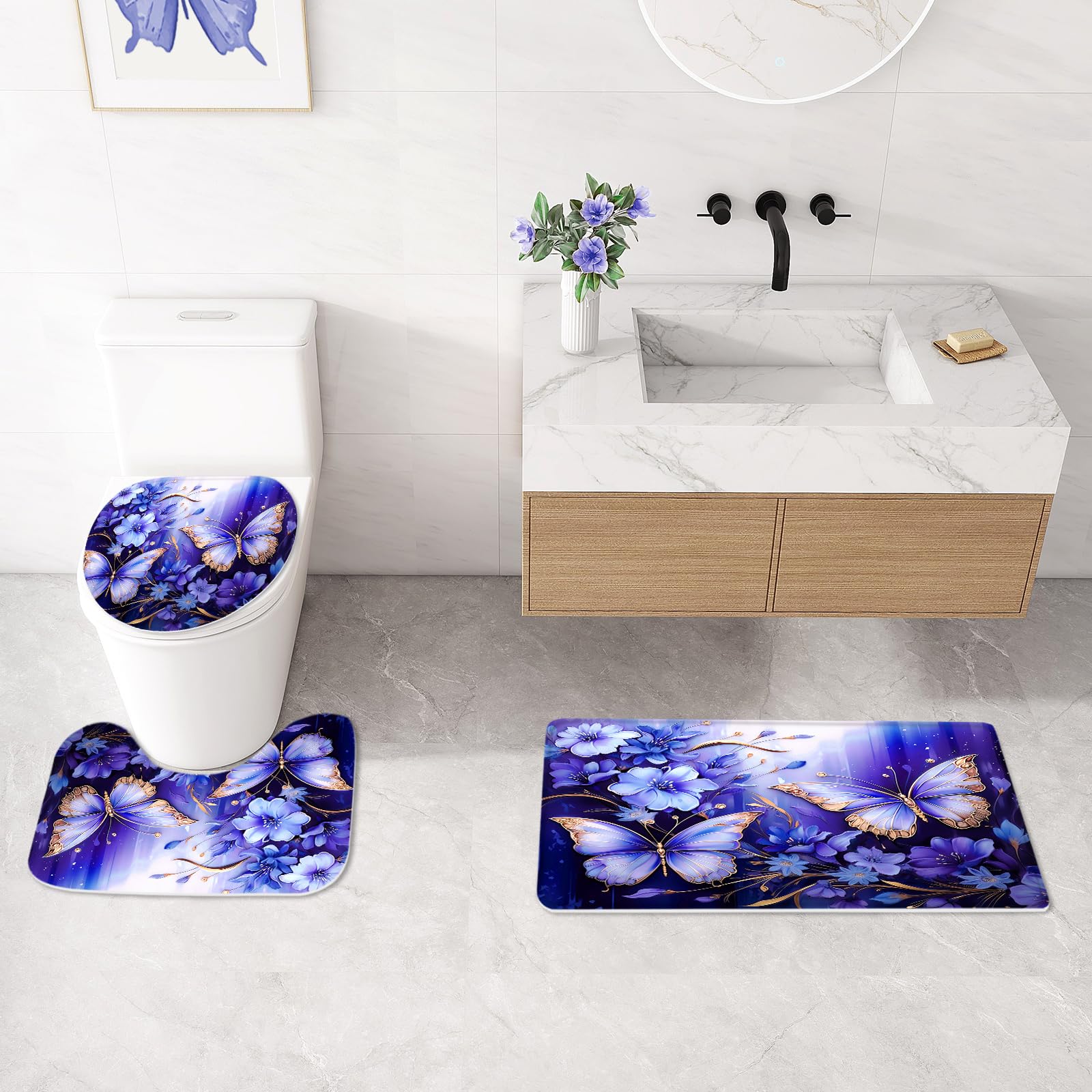 Litabel 4 Pcs Black Floral Butterfly Shower Curtain Set with Non-Slip Rugs, White Gold Modern Toilet Lid Cover and Bath Mat, Elegant Bathroom Decor Set (Hooks Not Included)