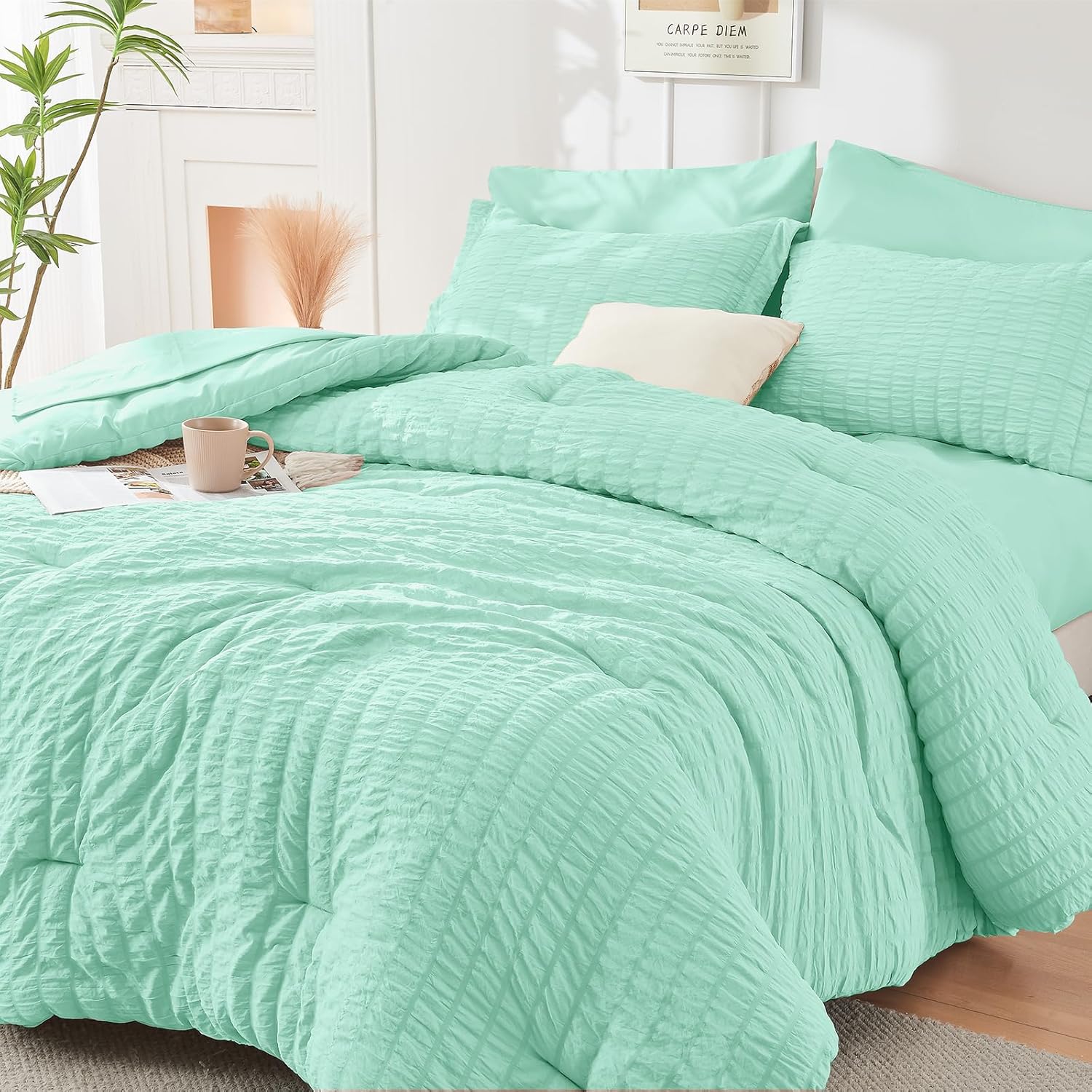 HYMOKEGE 7 Piece King Size Comforter Set Seersucker, All Season Luxury Bed in a Bag for Bedroom, Bedding Set with Comforters, Sheets, Pillowcases & Shams, Dark Grey
