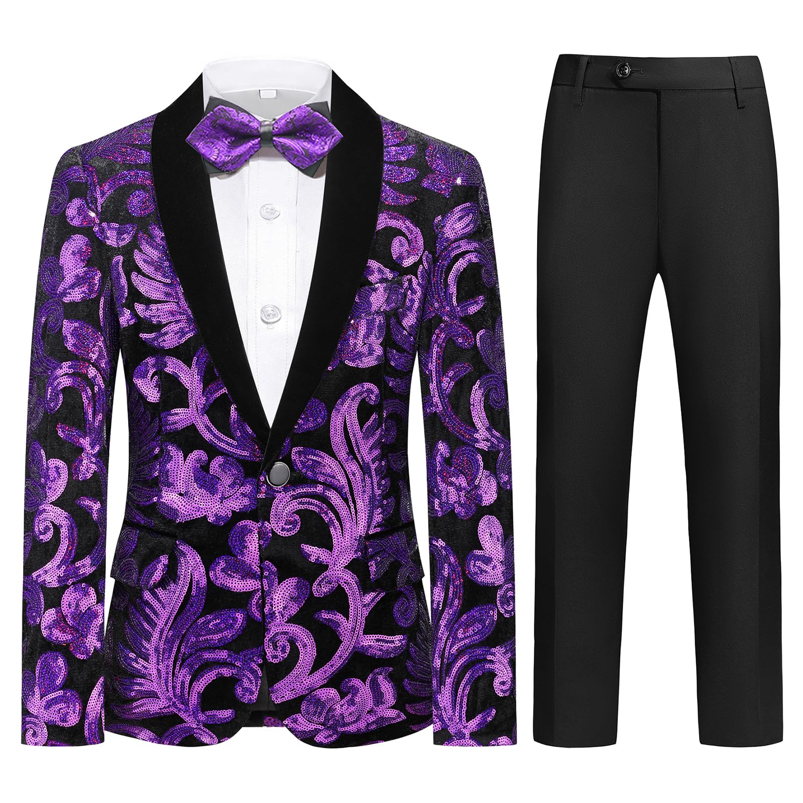Lamgool Boys Tuxedo Suit Slim Fit Formal Set 2 Pieces with Floral Jacquard Sequin Blazer Black Pants for Kids Prom Wedding