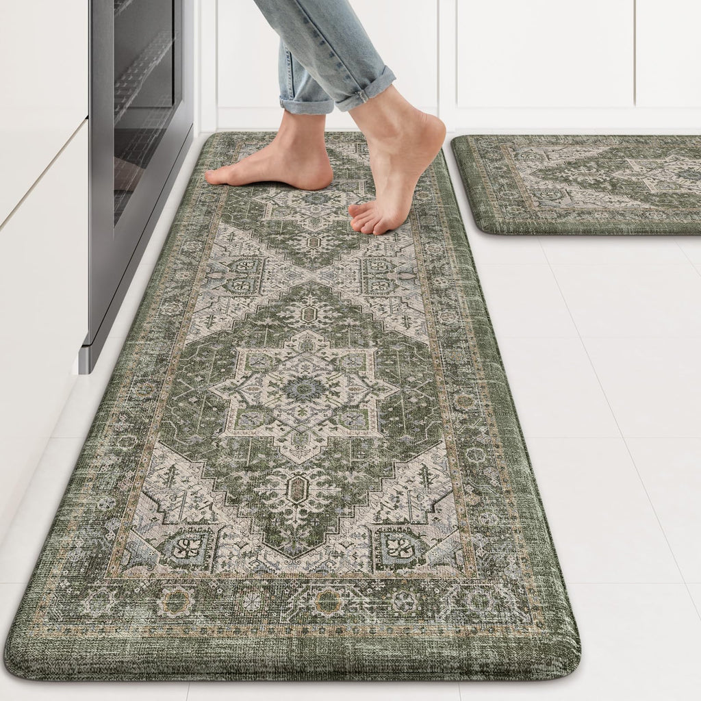 KIMODE Kitchen Mats 2PCS,Cushioned Anti Fatigue Kitchen Rugs and Mats,Non Skid Waterproof Kitchen Mats for Floor,Comfort Foam Standing Mat for Home Decor, Office,Sink,Laundry Room,Desk,Black and White