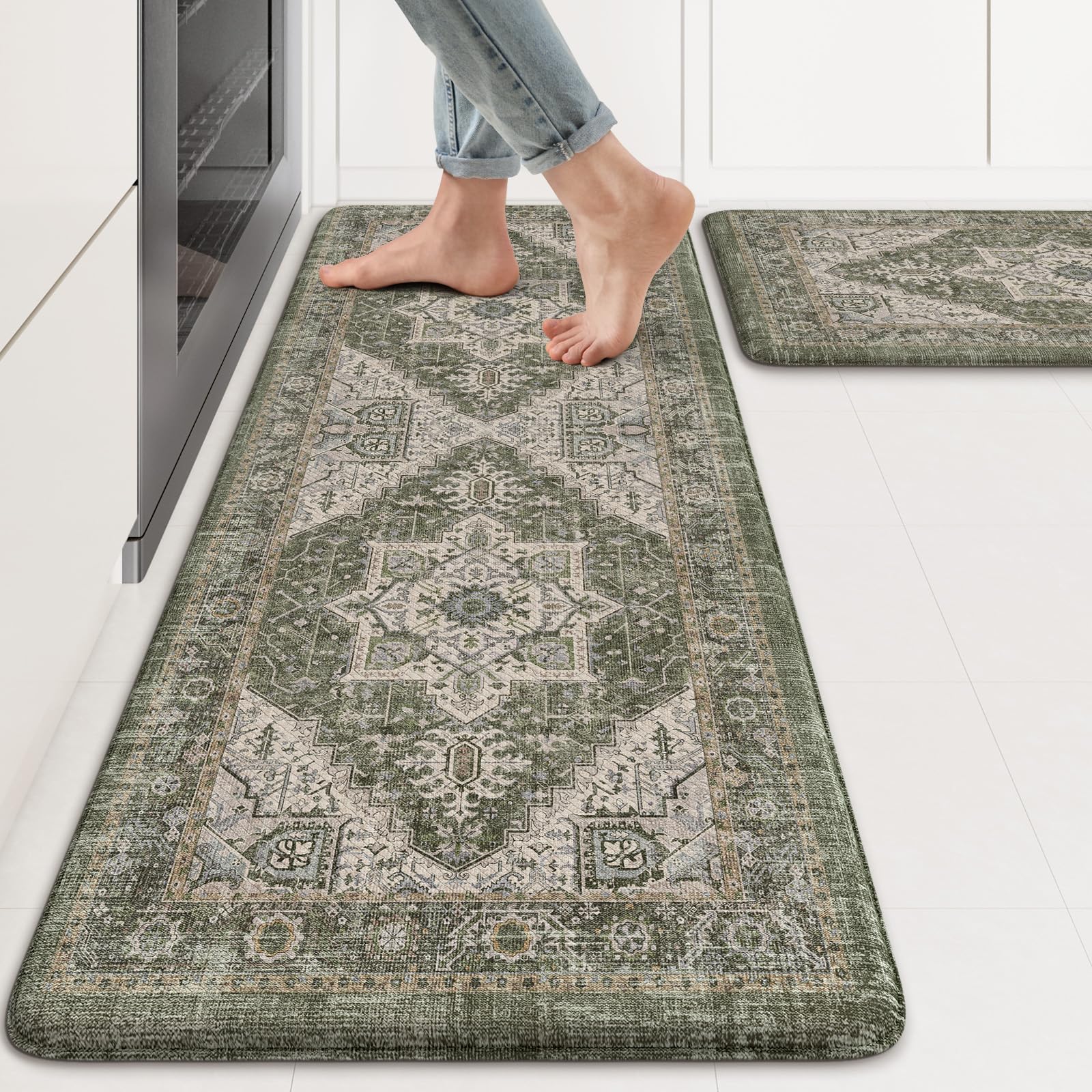KIMODE Kitchen Mats 2PCS,Cushioned Anti Fatigue Kitchen Rugs and Mats,Non Skid Waterproof Kitchen Mats for Floor,Comfort Foam Standing Mat for Home Decor, Office,Sink,Laundry Room,Desk,Black and White