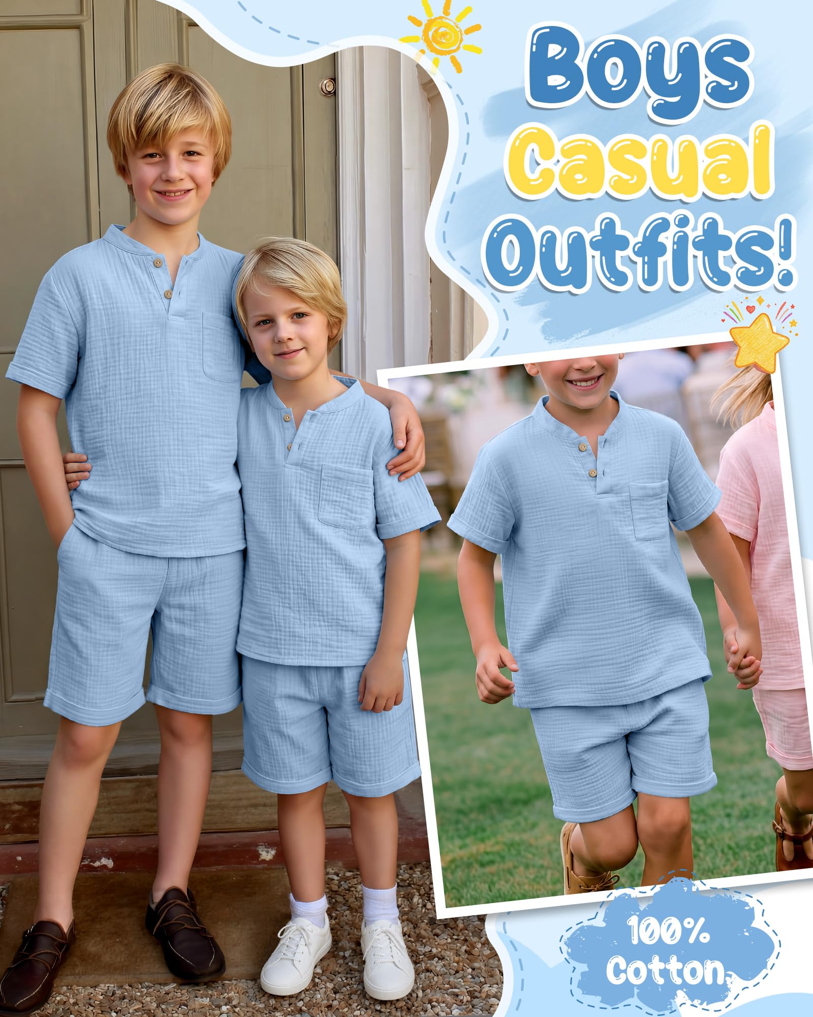 Boys 2 Piece Cotton Outfits 5-14Y Short Sleeve Button Down Shirt Shorts Pockets Summer Clothes Henley Casual Set