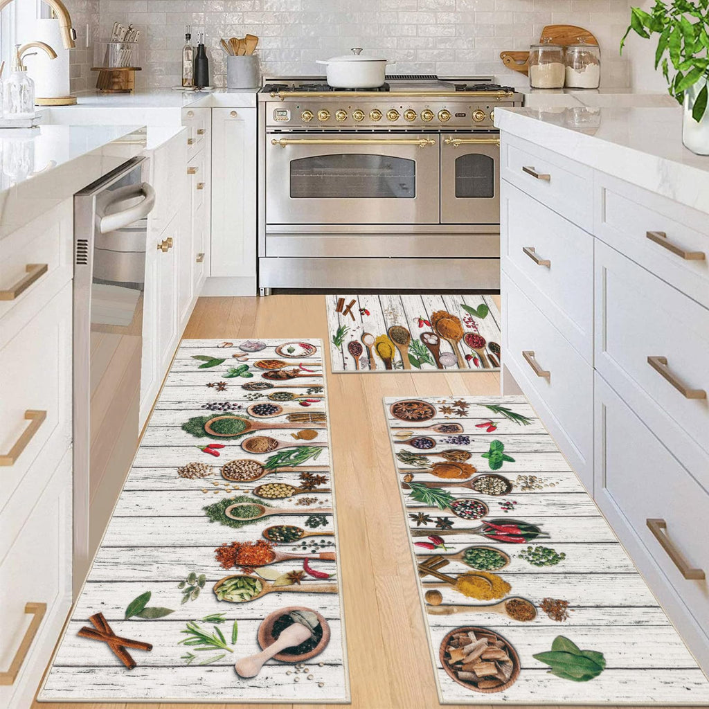 Vaukki Boho Kitchen Rug Sets 3 Pieces, Washable Kitchen Mats for Floor, Non Slip Soft Kitchen Area Rug Floor Mat for Kitchen, Laundry Room and Hallway (Grey and Beige, 20''x32''+20''x47''+20''x59'')