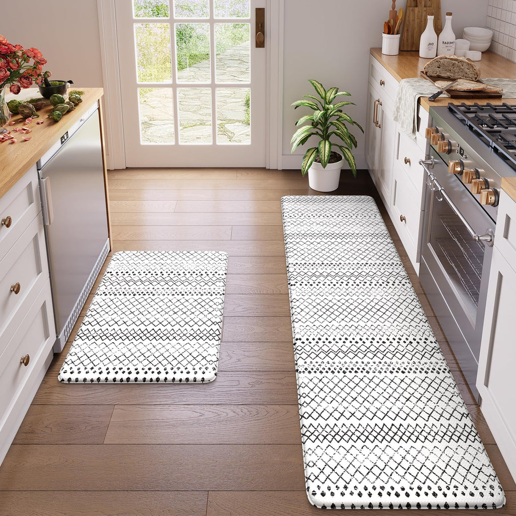 KIMODE Kitchen Mats 2PCS,Cushioned Anti Fatigue Kitchen Rugs and Mats,Non Skid Waterproof Kitchen Mats for Floor,Comfort Foam Standing Mat for Home Decor, Office,Sink,Laundry Room,Desk,Black and White