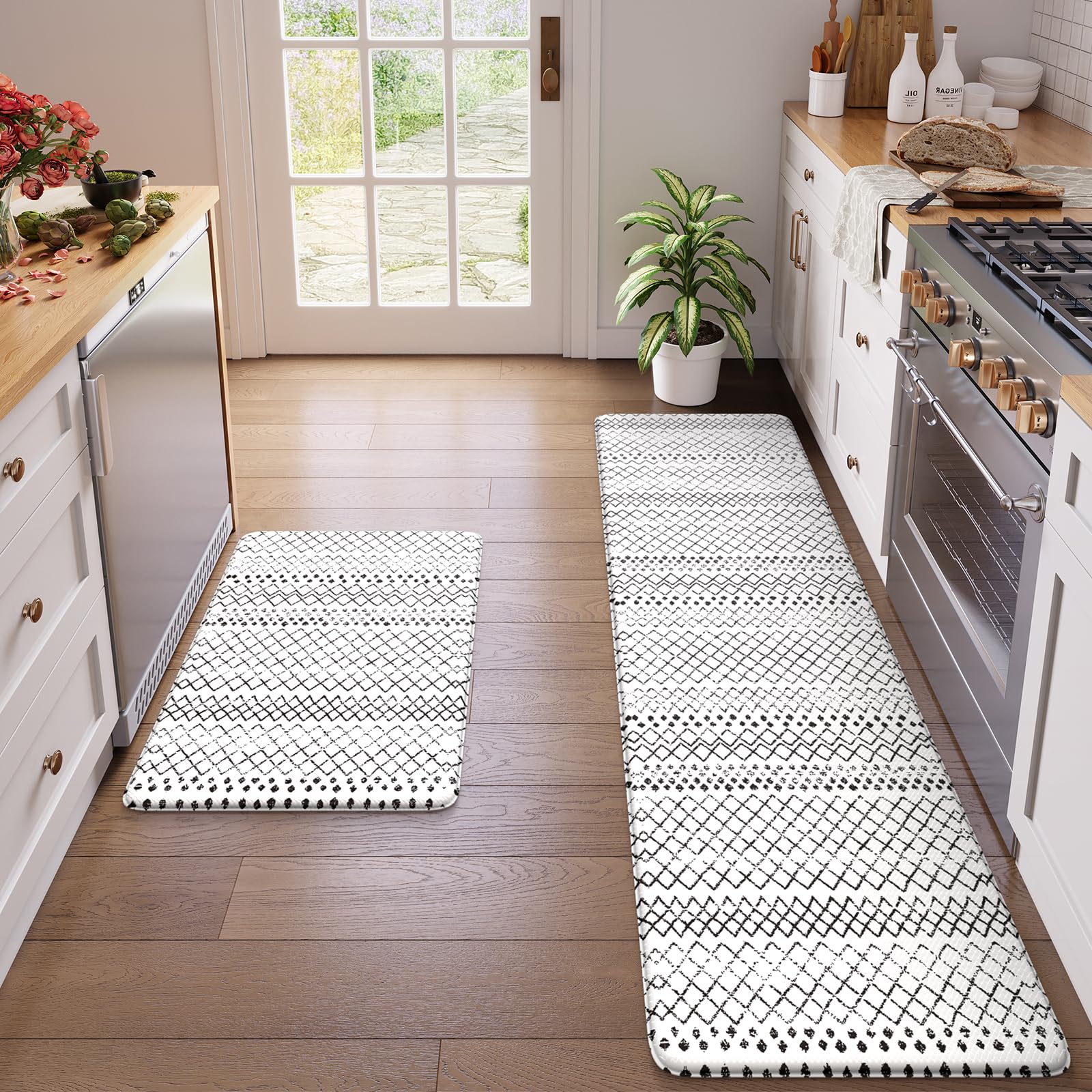 KIMODE Kitchen Mats 2PCS,Cushioned Anti Fatigue Kitchen Rugs and Mats,Non Skid Waterproof Kitchen Mats for Floor,Comfort Foam Standing Mat for Home Decor, Office,Sink,Laundry Room,Desk,Black and White