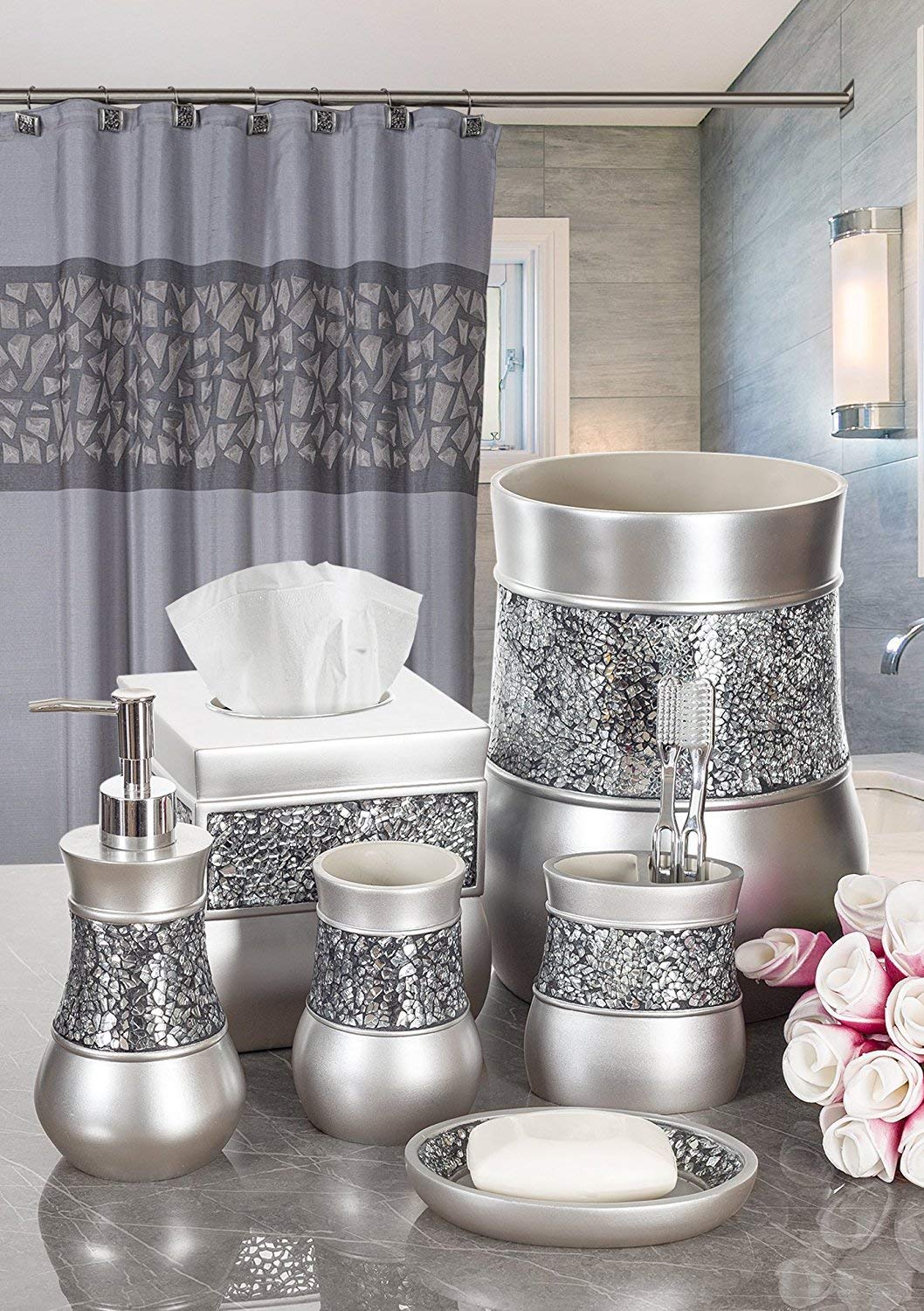 Creative Scents Crackled Glass Silver Bathroom Accessory Set – 4-Piece Vanity Set Includes: Lotion Soap Dispenser, Toothbrush Holder, Tumbler, and Soap Dish