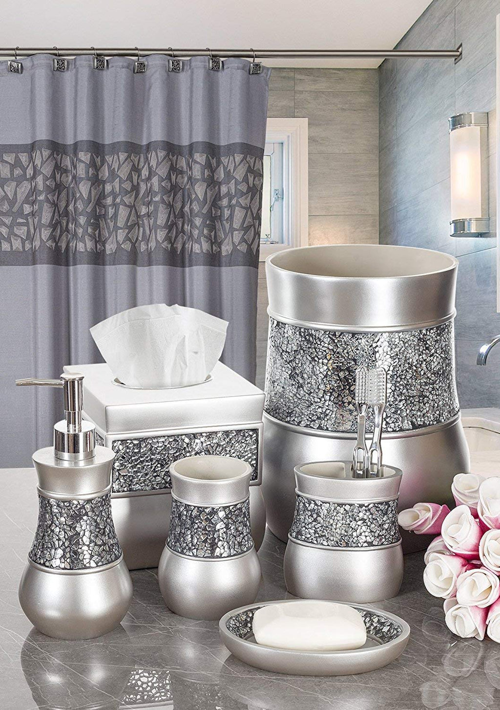 Creative Scents Crackled Glass Silver Bathroom Accessory Set – 4-Piece Vanity Set Includes: Lotion Soap Dispenser, Toothbrush Holder, Tumbler, and Soap Dish