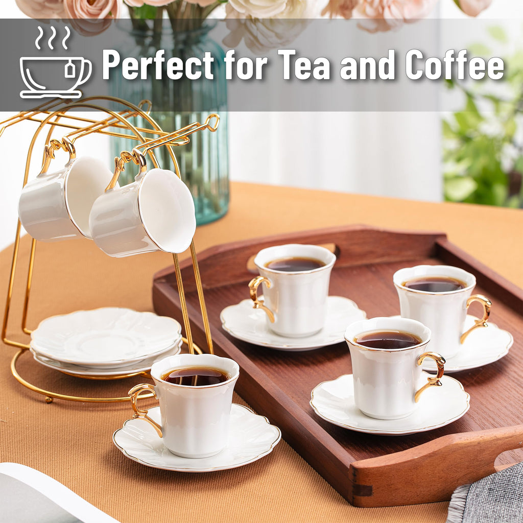 BTaT- Turkish Coffee Cup Set, 3 oz, 6 Set (12 pcs), Elegant White Cups & Saucers with Gold Trim & Gift Box, Small Porcelain Espresso Set for Serving Greek, Arabic & Turkish Coffee, Gift Giving