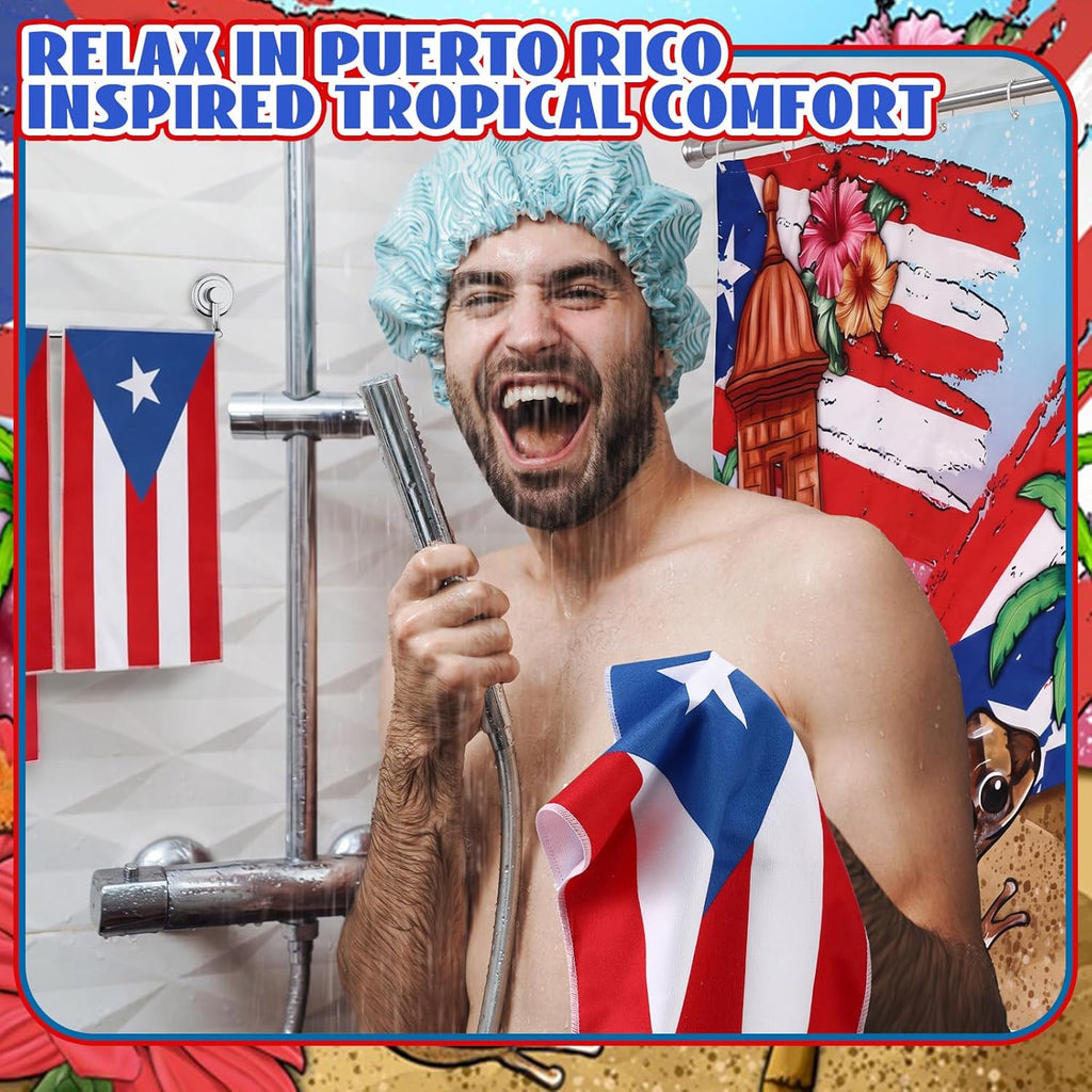 8 Pcs Puerto Rico Bathroom Shower Curtain Set Puerto Rico Bathroom Decor Set Include Shower Curtain Non-Slip Rug Bath Mat Toilet Lid Cover and 4 Towels with 12 Hooks