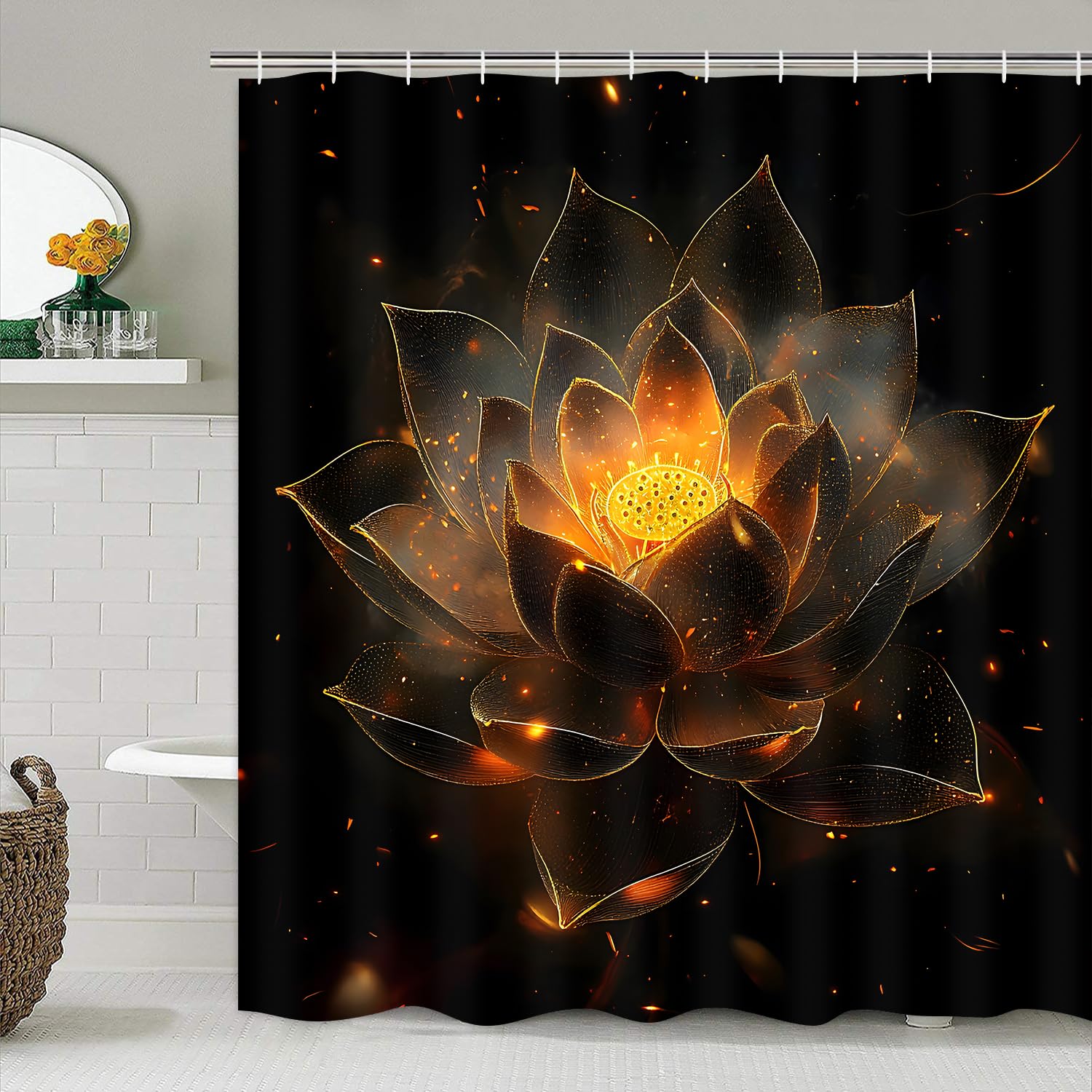 AZHM 4PCS Lotus Shower Curtain Set Black and Gold Flower Bathroom Decor Sets with Shower Curtain and Rugs and Accessories with 12 Hooks for Toilet