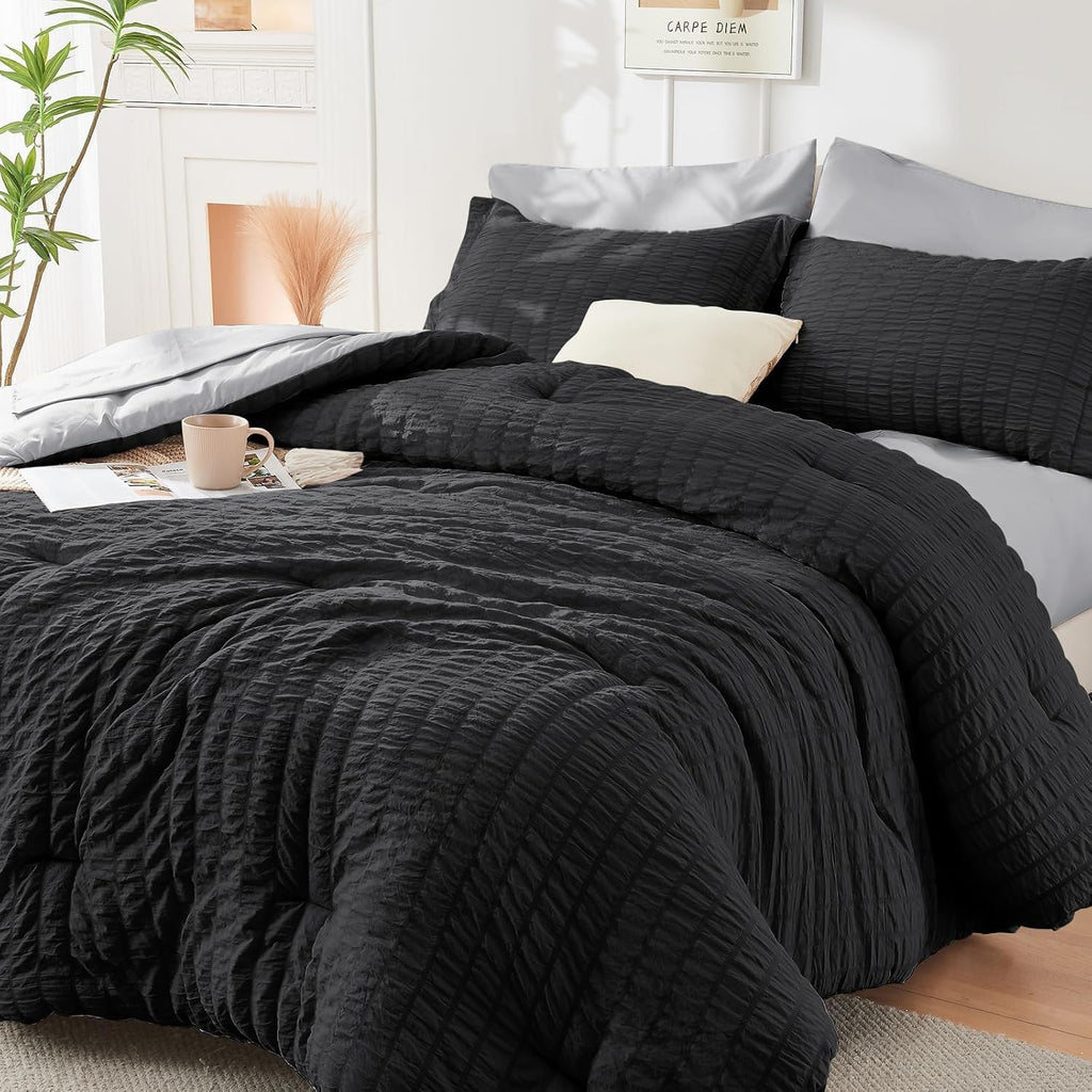 HYMOKEGE 7 Piece King Size Comforter Set Seersucker, All Season Luxury Bed in a Bag for Bedroom, Bedding Set with Comforters, Sheets, Pillowcases & Shams, Dark Grey