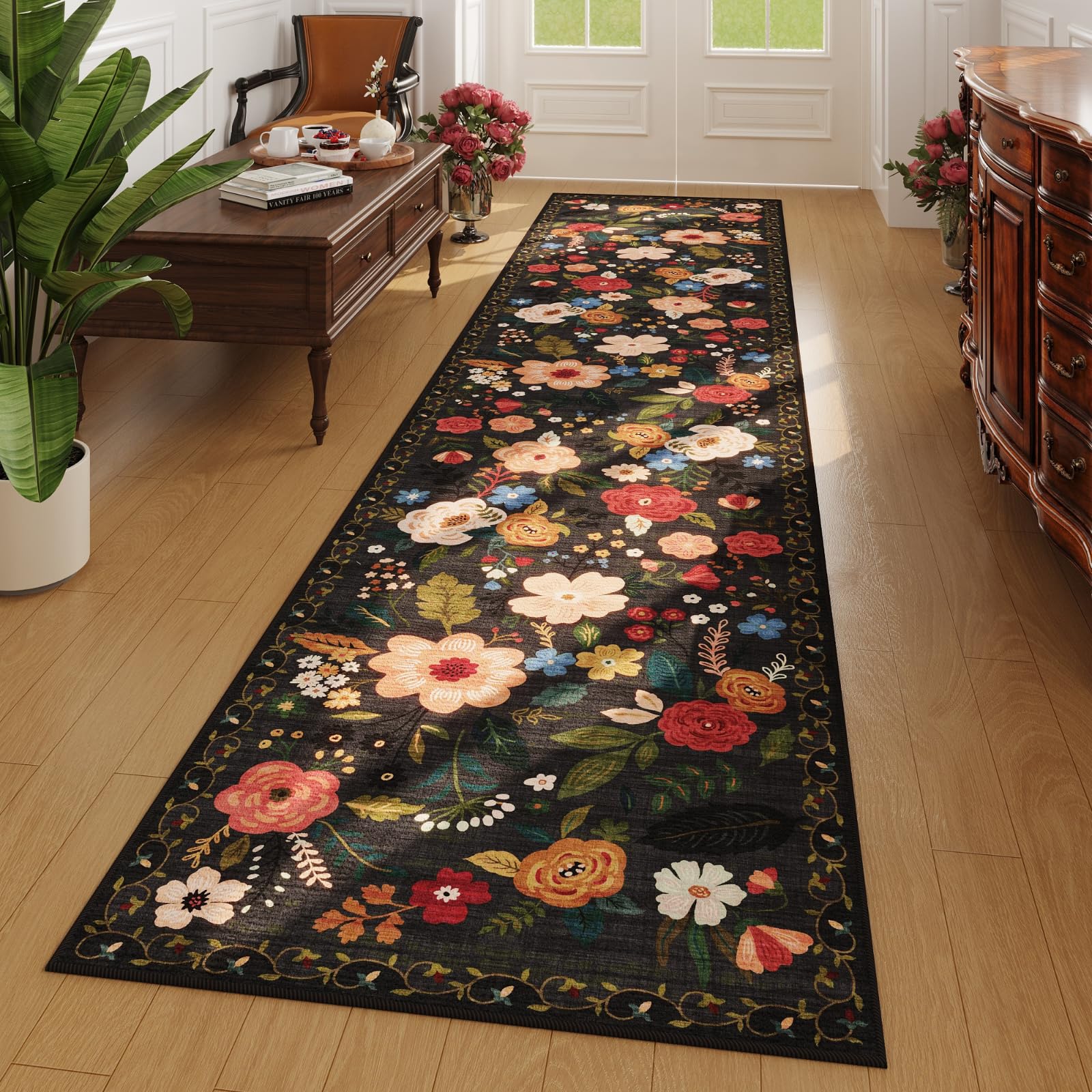 Rugcomf Area Rugs 8x10 Rug for Living Room Clearance Washable Boho Area Rug Non Slip Floral Vintage Low Pile Large Rug for Living Room, Bedroom, Farmhouse, Dining Room, Kids Playroom(Black)