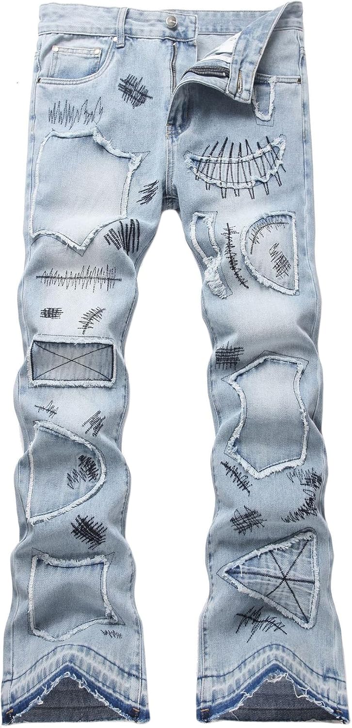 Baylvn Men's Designer Straight Slim Fit Patchwork Jeans Comfort Skinny Biker Denim Pants