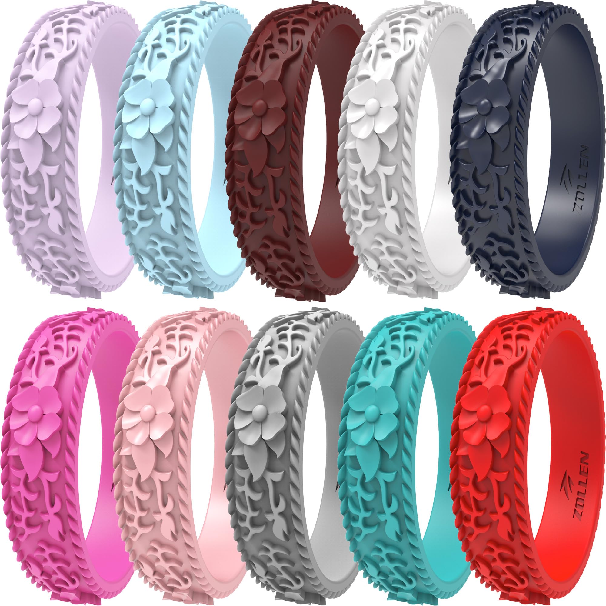 Silicone Wedding Rings for Women 1/4/7 Packs -Stackable Silicone Rubber Wedding Bands - Innovative Flower & Vine Collection