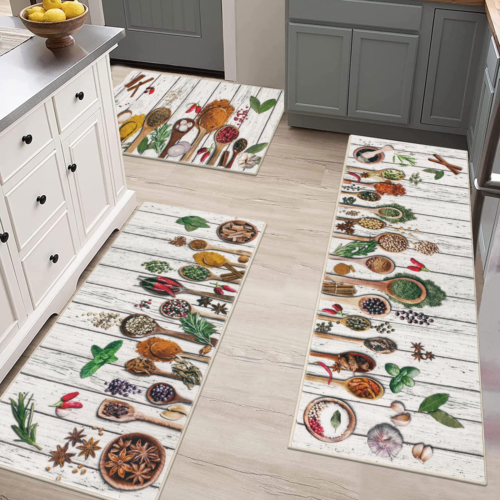 Vaukki Boho Kitchen Rug Sets 3 Pieces, Washable Kitchen Mats for Floor, Non Slip Soft Kitchen Area Rug Floor Mat for Kitchen, Laundry Room and Hallway (Grey and Beige, 20''x32''+20''x47''+20''x59'')
