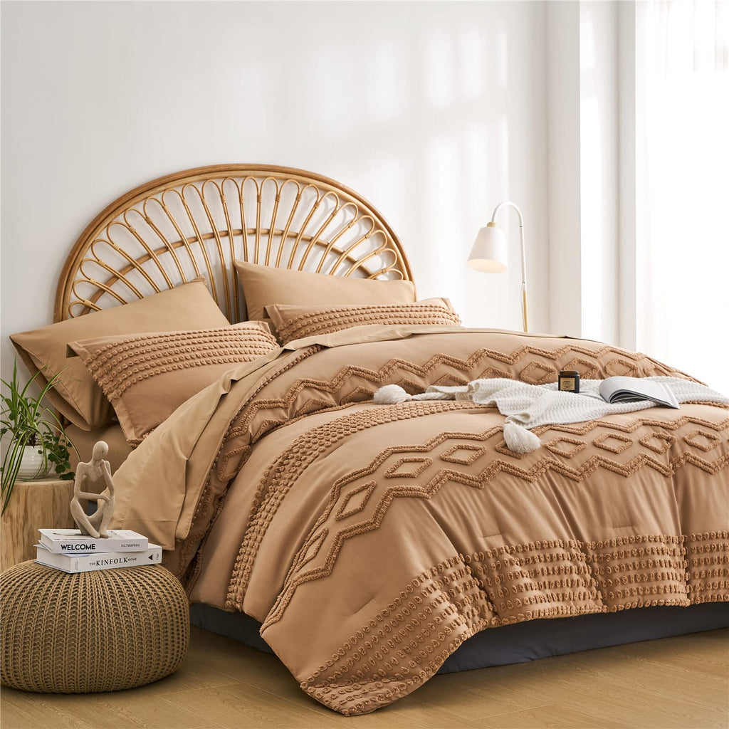 KAKIJUMN Grey Tufted Comforter Set King Size 7 Piece Bed in a Bag, Shabby Chic Boho Comforter and Sheet Set, Pom Pom Textured Bed Set, All Season Soft Microfiber Complete Bedding Set(Grey,King)