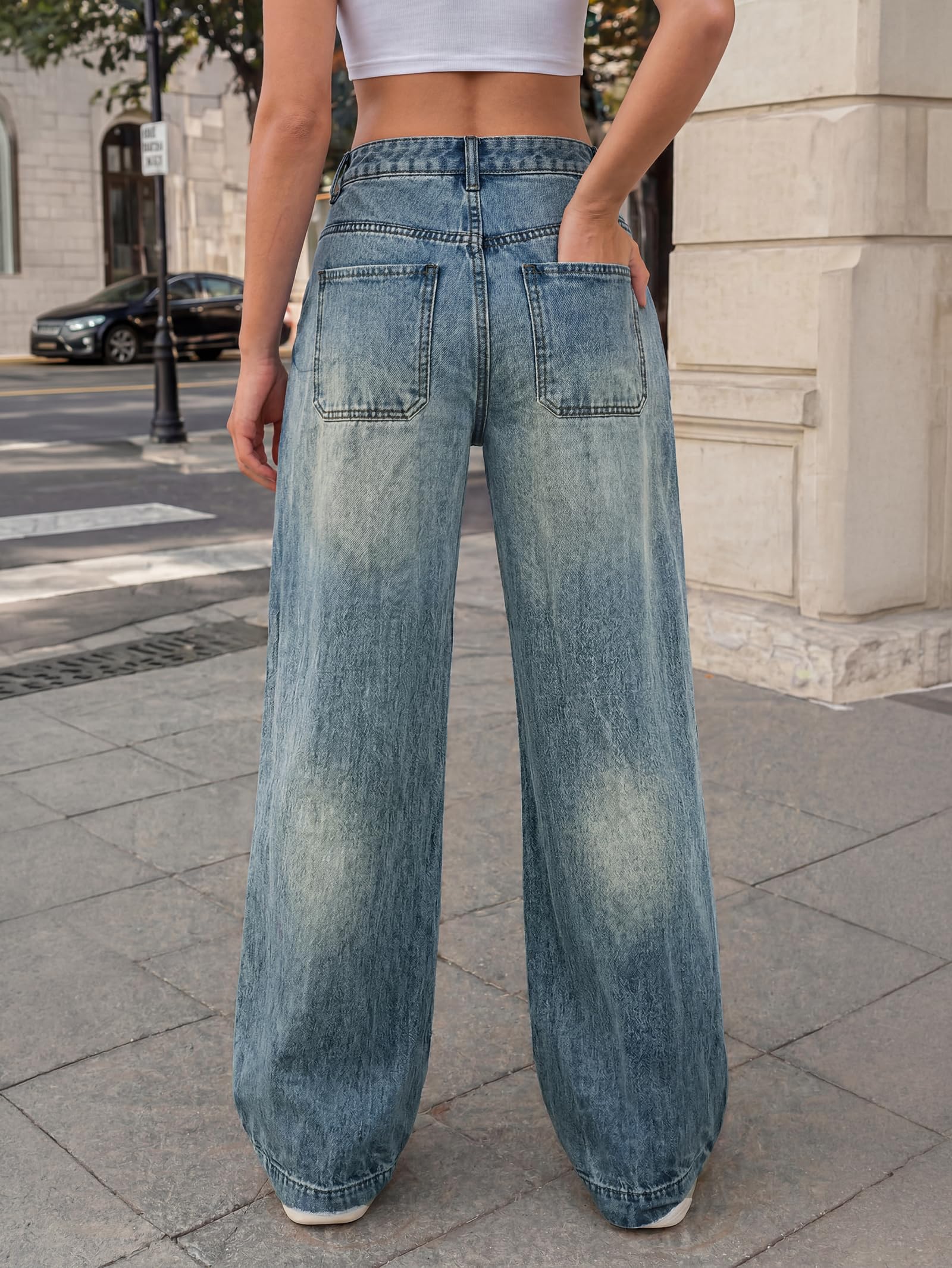 EMMIOL Women Baggy Jeans Mid-Low Waist Boyfriend Streetwear Vintage Jeans Wide Leg Denim Pants