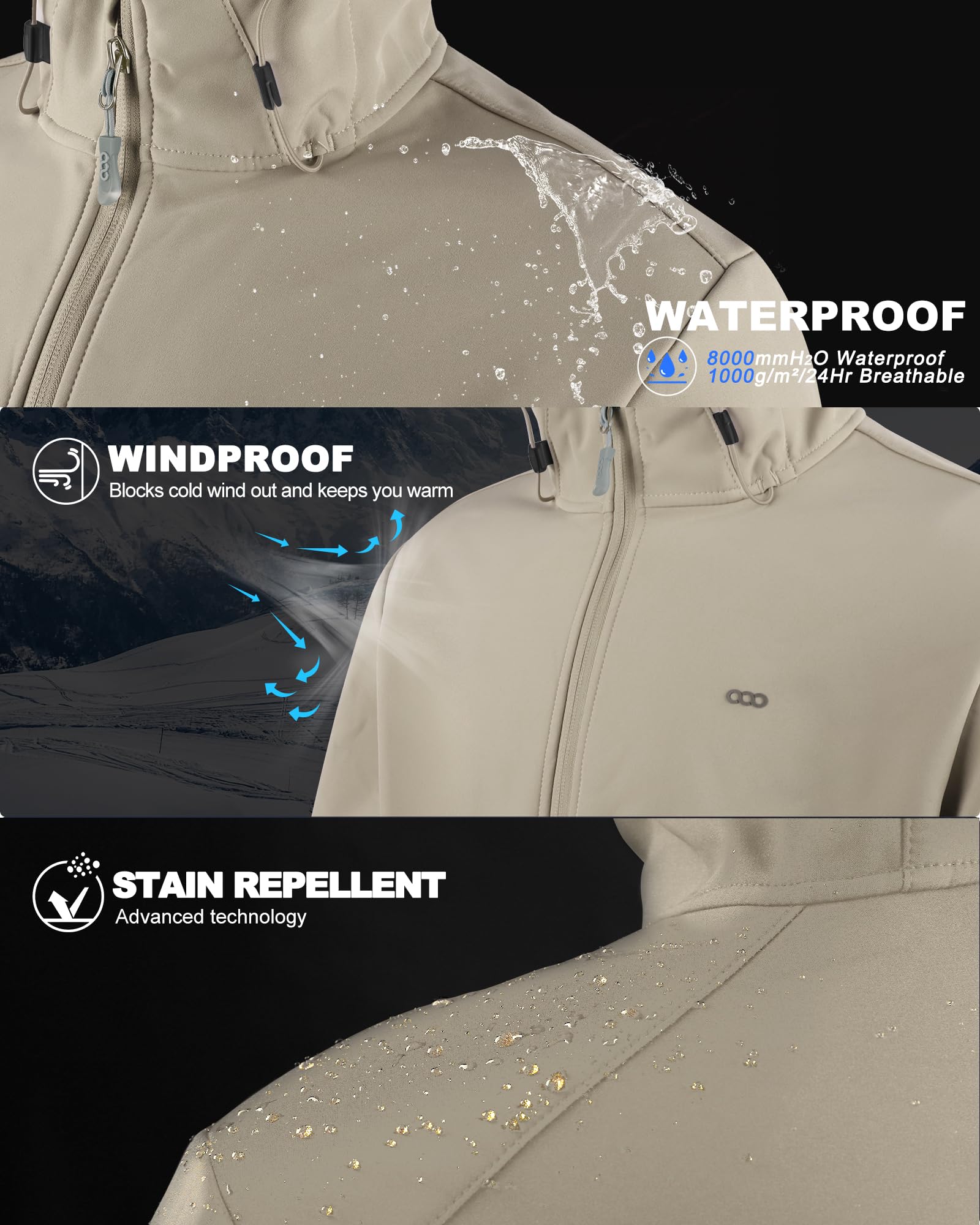 33,000ft Men's Hooded Softshell Jacket Waterproof Lightweight Insulated Windbreaker Fleece Lined Rain Shell Jacket