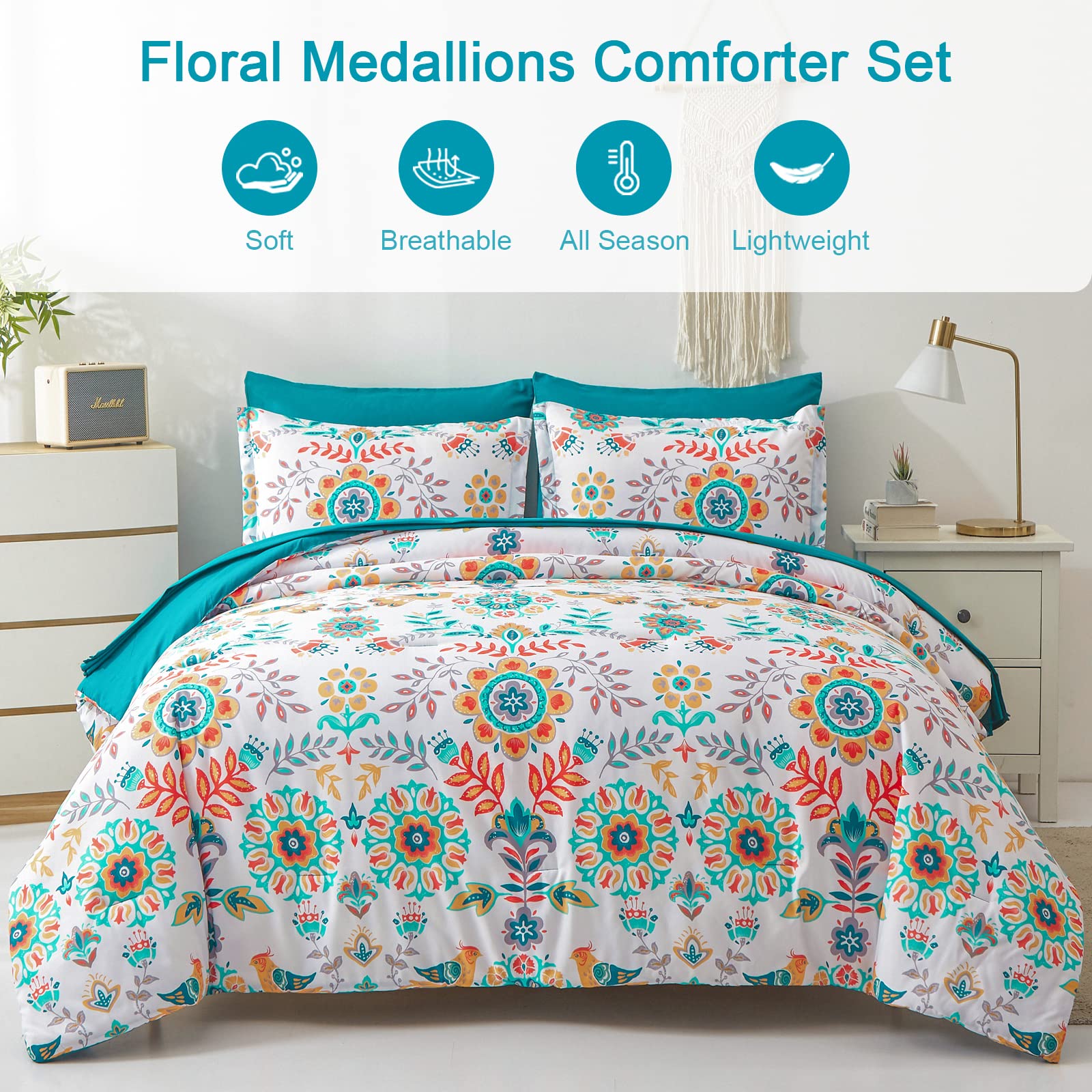 DHSFKBE 7 Piece Bed in a Bag Floral Comforter Set, Botanical Flowers Comforter and Sheet Set, Soft Microfiber Lightweight Bedding Comforter Set for All Season(Dark Floral, King)