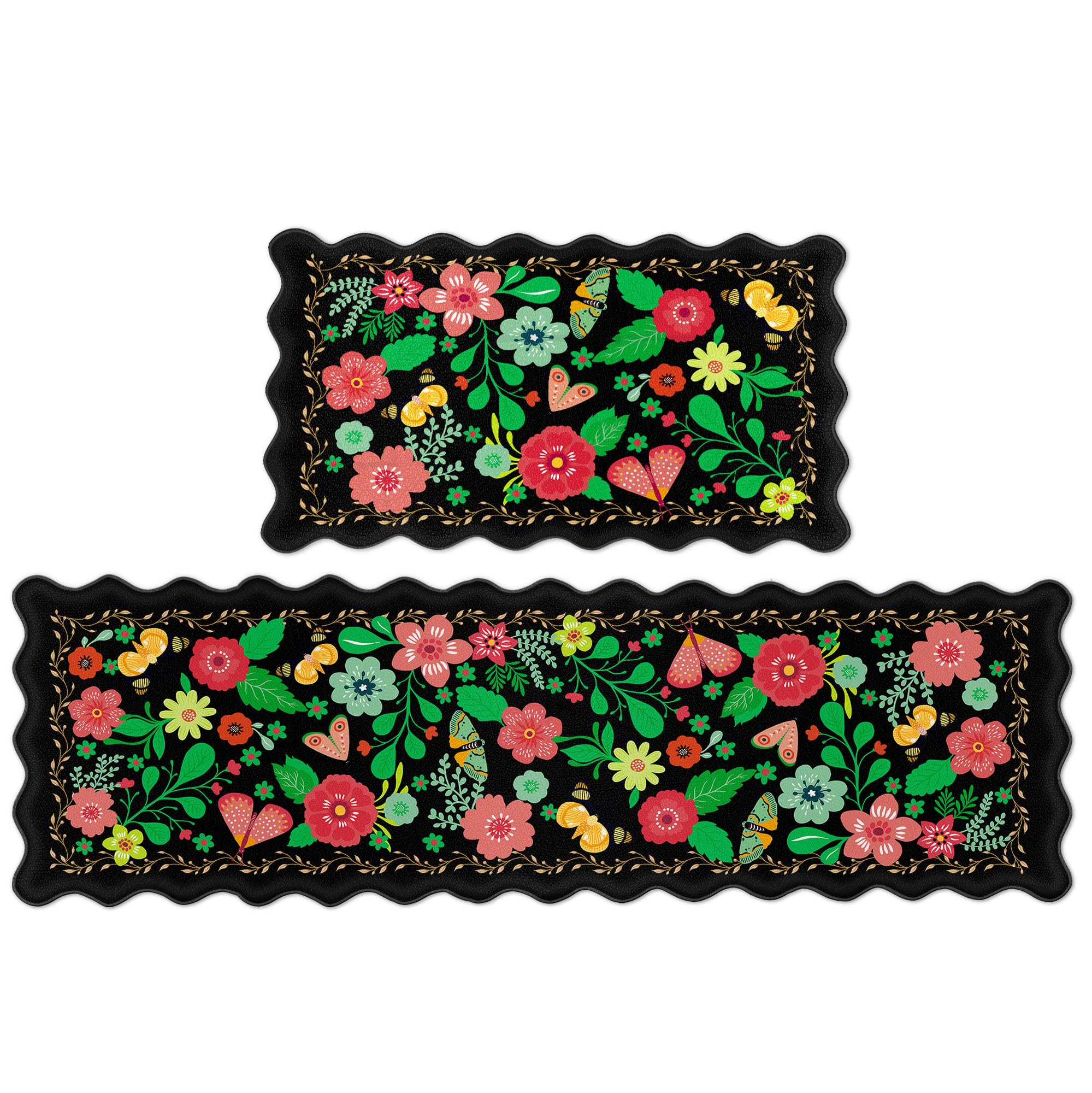 Arenarug Upgrade Scalloped Embossed Kitchen Mats for Floor 2PCS Cushioned Anti Fatigue Waterproof Foam Kitchen Rugs Non Slip Washable Comfort Standing Mat for Office Sink Laundry, Black