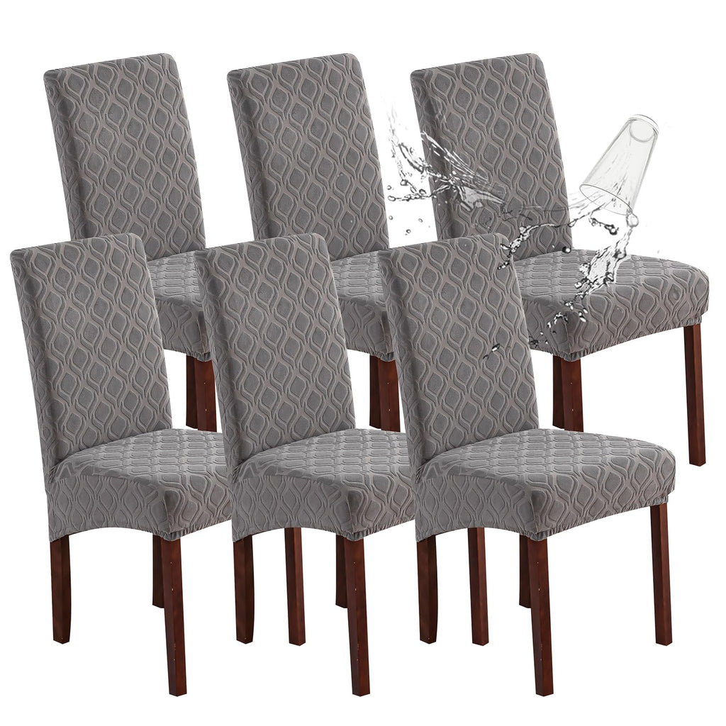 Genina Waterproof Chair Covers for Dining Room 6 Pack, Stretch Jacquard Dining Chair Cover Removable Washable Chair Protectors Cover for Kitchen, Home (Leaves-Warm Gray, 6 PCS)