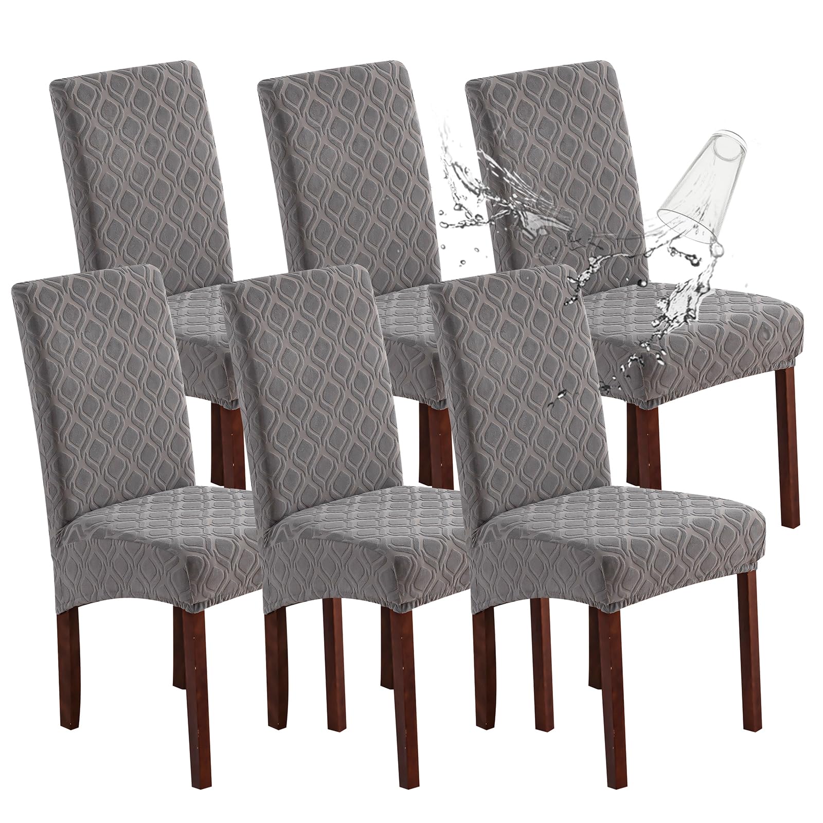 Genina Waterproof Chair Covers for Dining Room 6 Pack, Stretch Jacquard Dining Chair Cover Removable Washable Chair Protectors Cover for Kitchen, Home (Leaves-Warm Gray, 6 PCS)