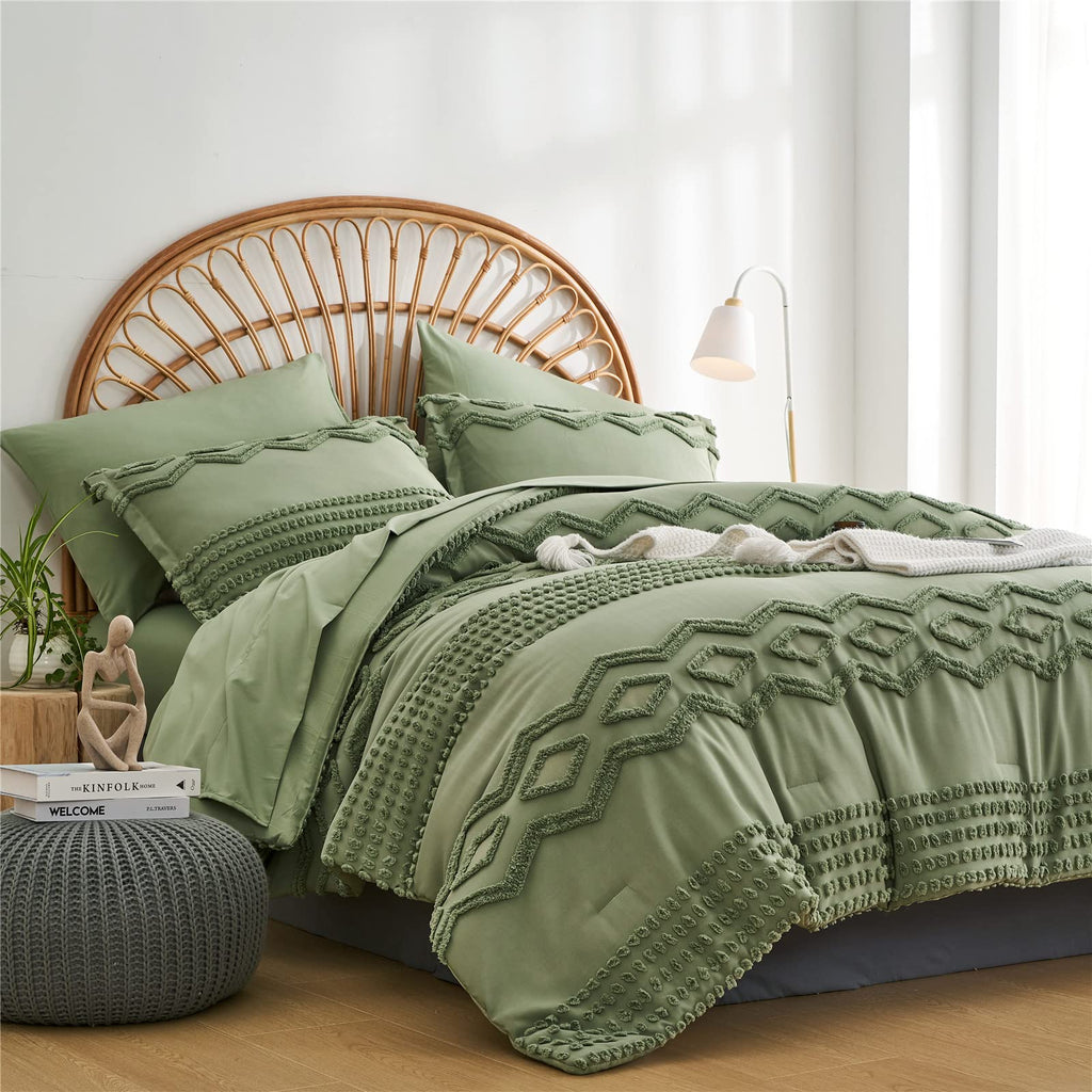 KAKIJUMN Grey Tufted Comforter Set King Size 7 Piece Bed in a Bag, Shabby Chic Boho Comforter and Sheet Set, Pom Pom Textured Bed Set, All Season Soft Microfiber Complete Bedding Set(Grey,King)