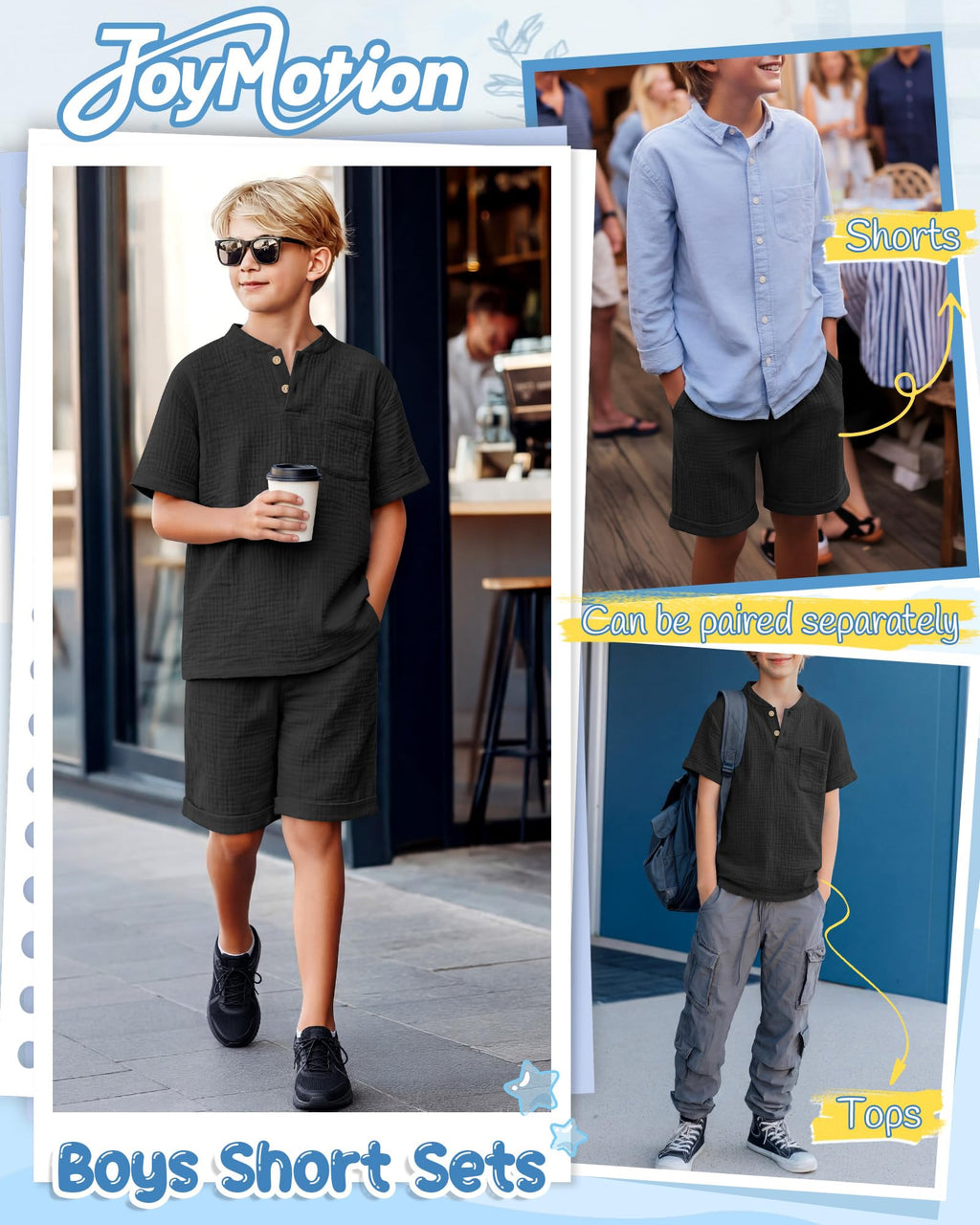 Boys 2 Piece Cotton Outfits 5-14Y Short Sleeve Button Down Shirt Shorts Pockets Summer Clothes Henley Casual Set