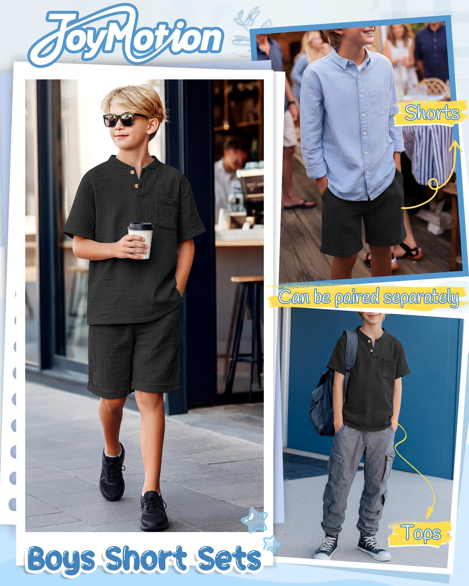 Boys 2 Piece Cotton Outfits 5-14Y Short Sleeve Button Down Shirt Shorts Pockets Summer Clothes Henley Casual Set