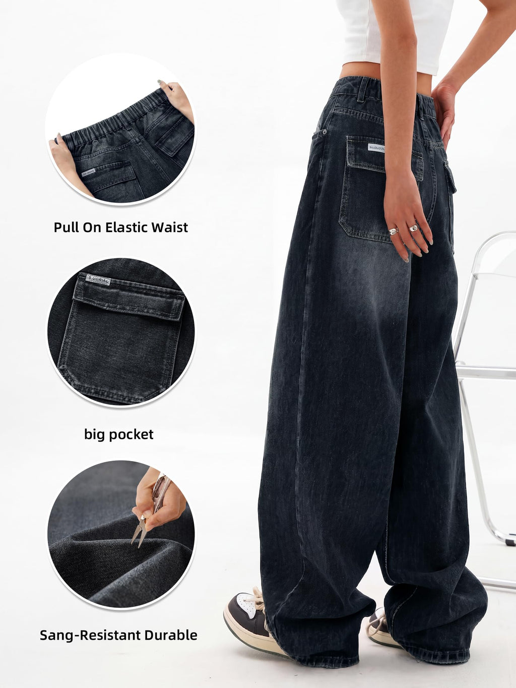 EMMIOL Women Baggy Jeans Mid-Low Waist Boyfriend Streetwear Vintage Jeans Wide Leg Denim Pants