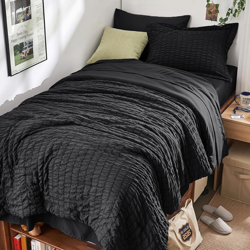HYMOKEGE 7 Piece King Size Comforter Set Seersucker, All Season Luxury Bed in a Bag for Bedroom, Bedding Set with Comforters, Sheets, Pillowcases & Shams, Dark Grey
