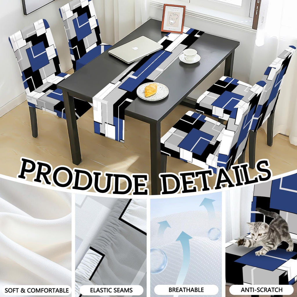 MCALK Geometric Navy Blue Chair Covers Set of 4 and Table Runner,Stretch Navy Blue Chair Slipcovers for Kitchen,Washable Removable Chair Protector Modern Chair Covers for Dining Room