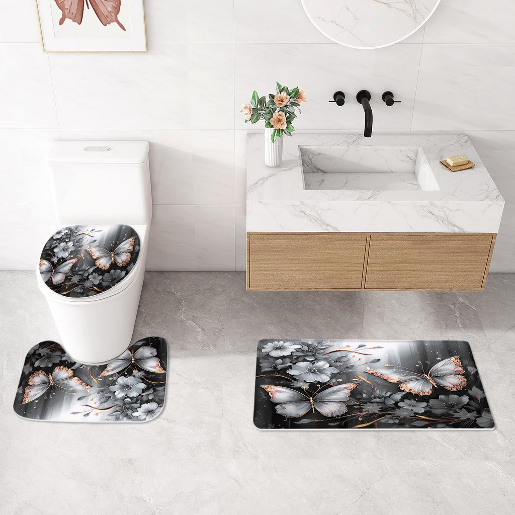 Litabel 4 Pcs Black Floral Butterfly Shower Curtain Set with Non-Slip Rugs, White Gold Modern Toilet Lid Cover and Bath Mat, Elegant Bathroom Decor Set (Hooks Not Included)