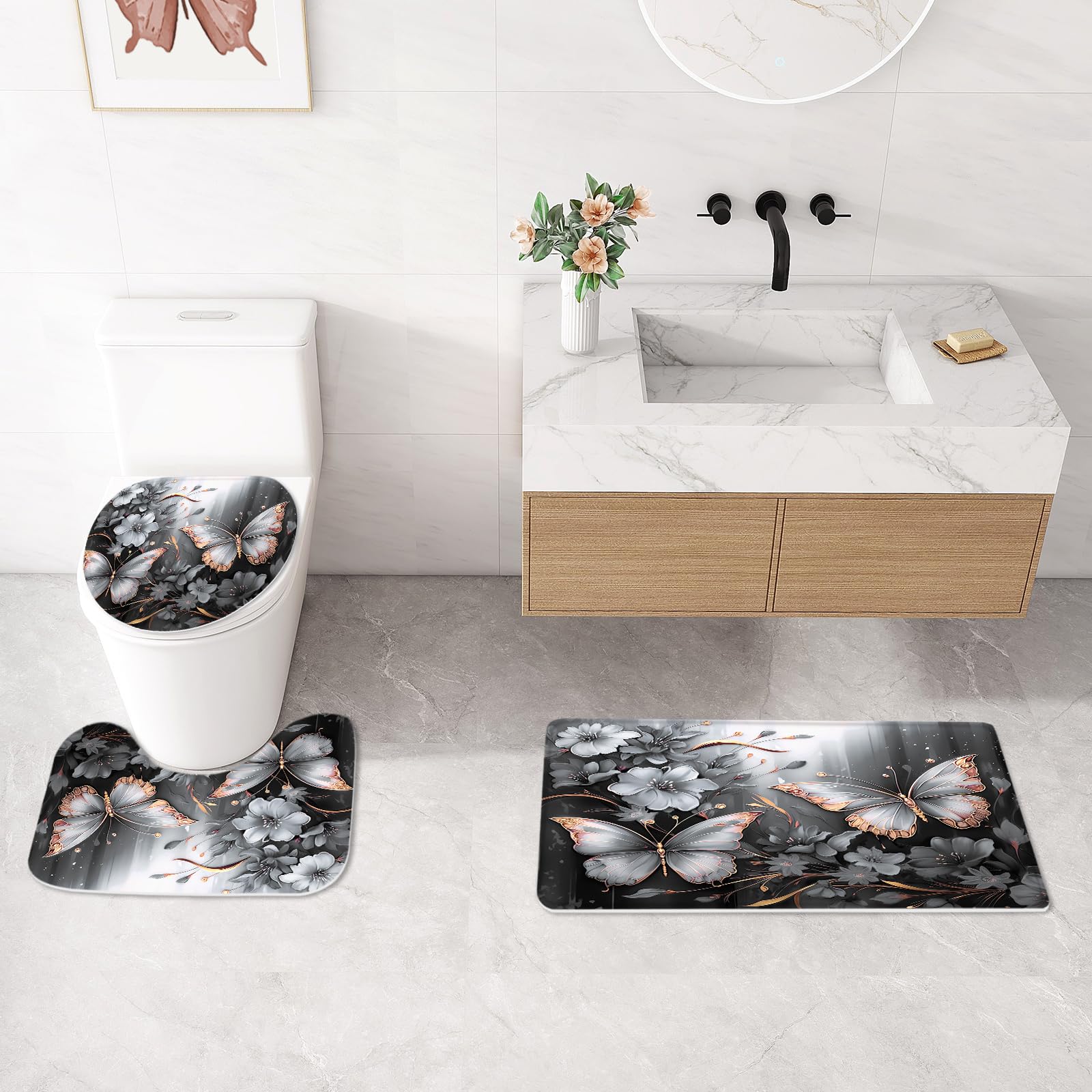 Litabel 4 Pcs Black Floral Butterfly Shower Curtain Set with Non-Slip Rugs, White Gold Modern Toilet Lid Cover and Bath Mat, Elegant Bathroom Decor Set (Hooks Not Included)
