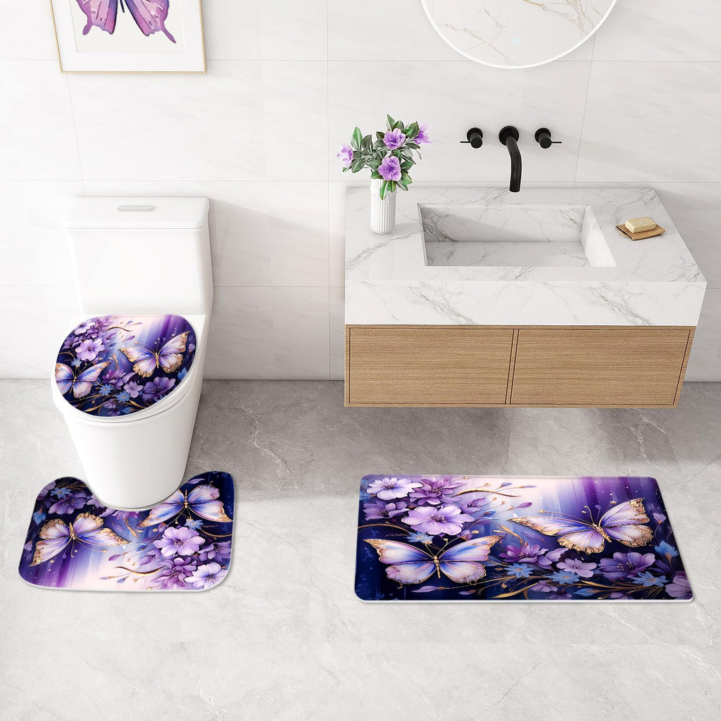 Litabel 4 Pcs Black Floral Butterfly Shower Curtain Set with Non-Slip Rugs, White Gold Modern Toilet Lid Cover and Bath Mat, Elegant Bathroom Decor Set (Hooks Not Included)
