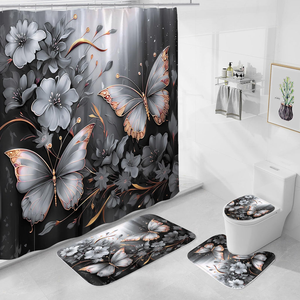 Litabel 4 Pcs Black Floral Butterfly Shower Curtain Set with Non-Slip Rugs, White Gold Modern Toilet Lid Cover and Bath Mat, Elegant Bathroom Decor Set (Hooks Not Included)