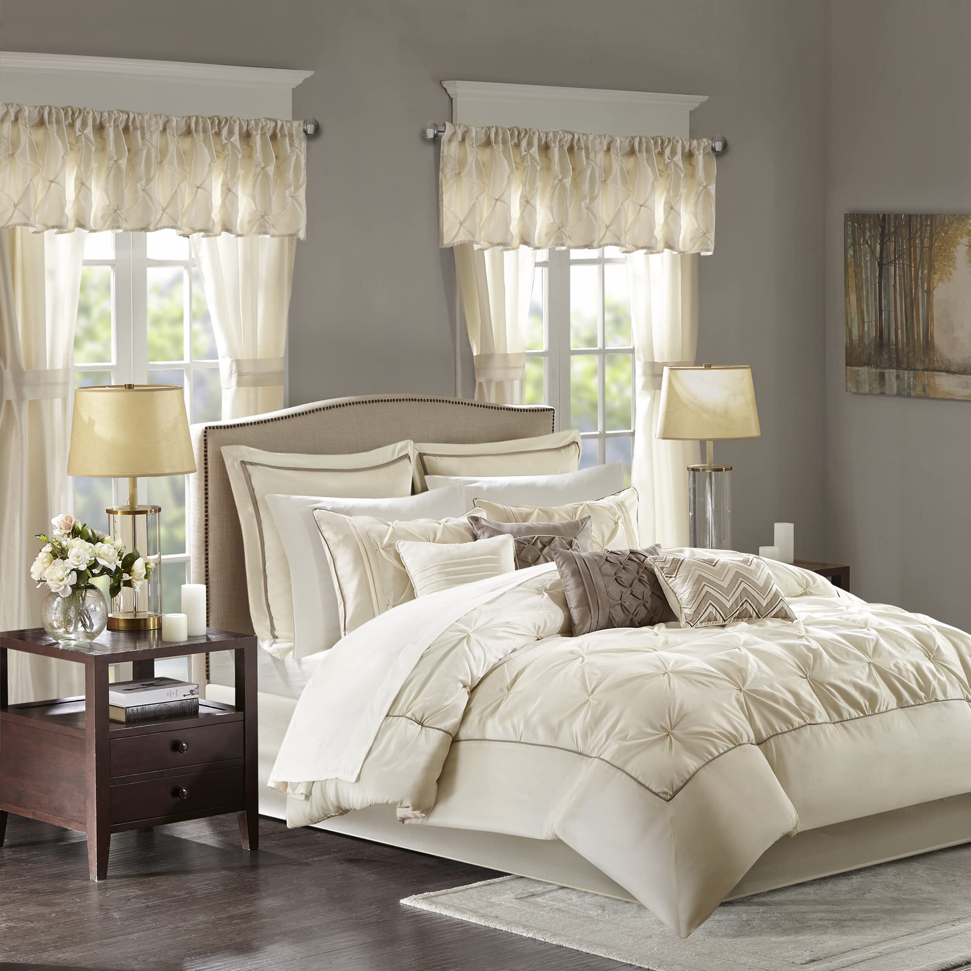 Madison Park Essentials Room in a Bag Faux Silk Comforter Set - Luxe Diamond Tufting All Season Bedding, Matching Curtains, Decorative Pillows, Taupe King(104"x92") 24 Piece