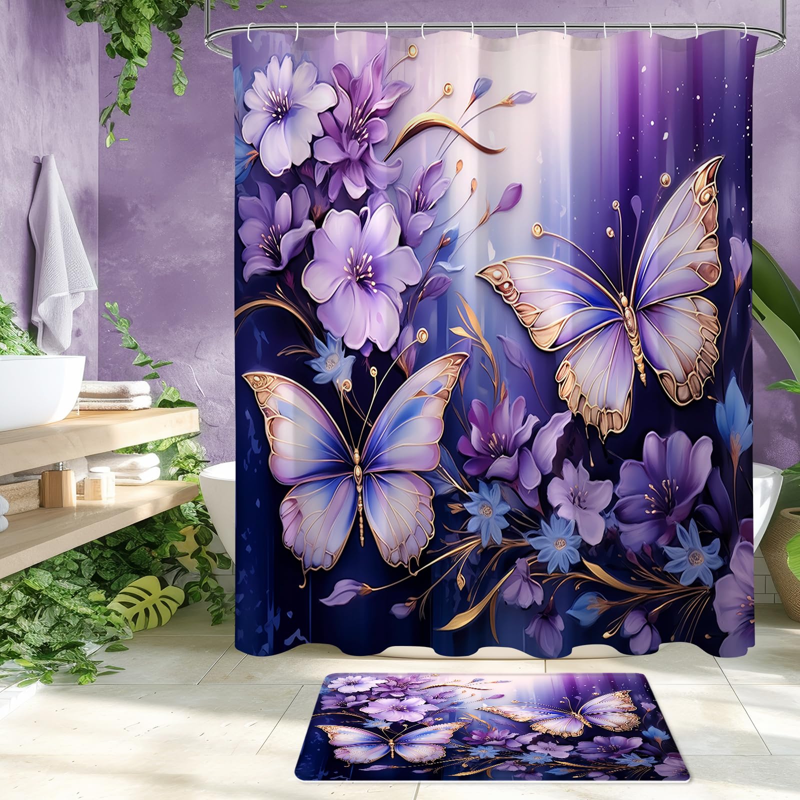 Litabel 4 Pcs Black Floral Butterfly Shower Curtain Set with Non-Slip Rugs, White Gold Modern Toilet Lid Cover and Bath Mat, Elegant Bathroom Decor Set (Hooks Not Included)