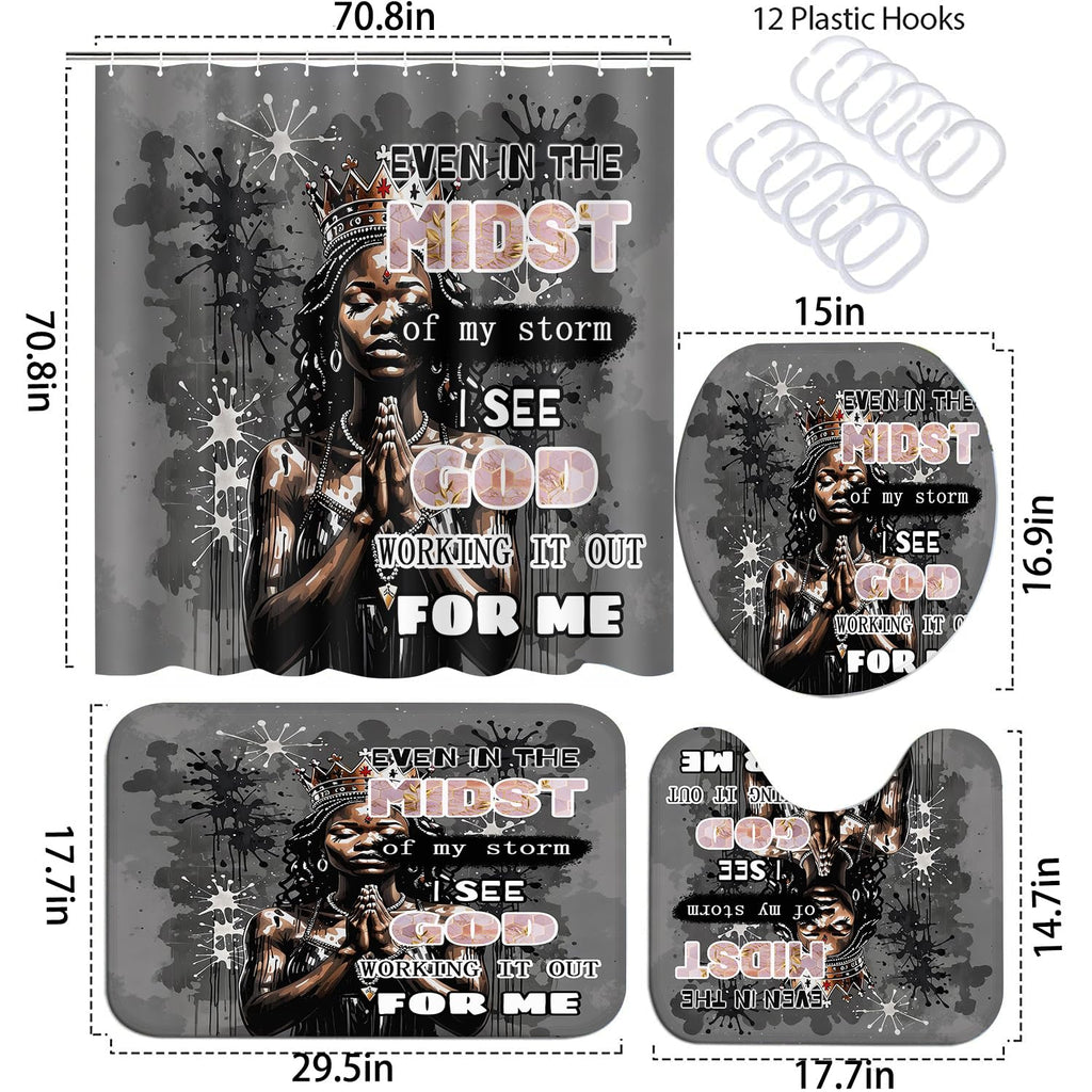 African American Shower Curtain Sets for Bathroom, Black Praying King Bathroom Sets with Waterproof Shower Curtain and Non-Slip Rugs Toilet Lid Cover Bath Mat, Cool Unique Man Bathroom Decor Sets