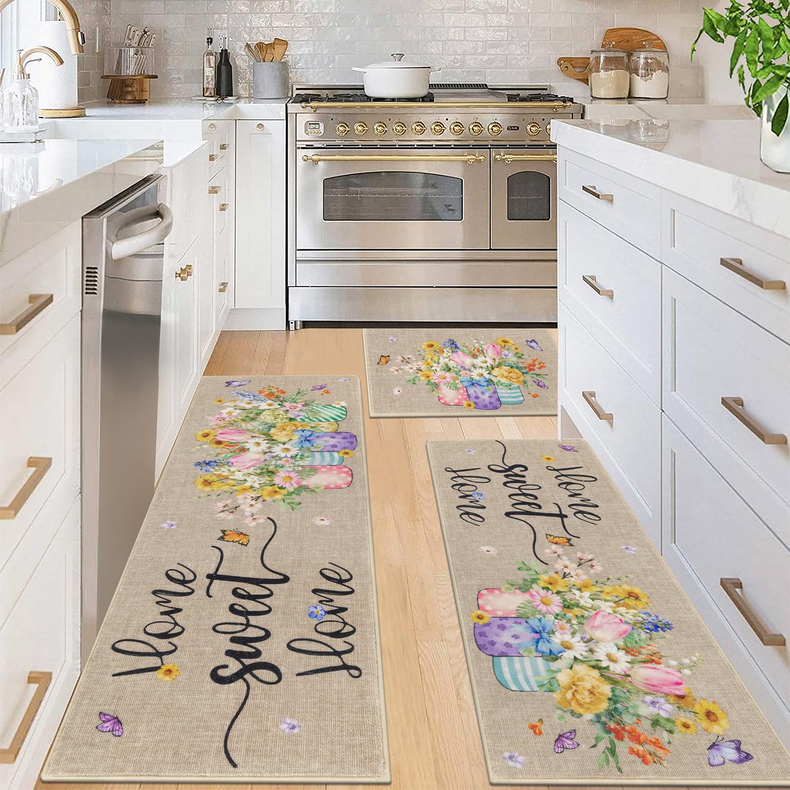 Vaukki Boho Kitchen Rug Sets 3 Pieces, Washable Kitchen Mats for Floor, Non Slip Soft Kitchen Area Rug Floor Mat for Kitchen, Laundry Room and Hallway (Grey and Beige, 20''x32''+20''x47''+20''x59'')