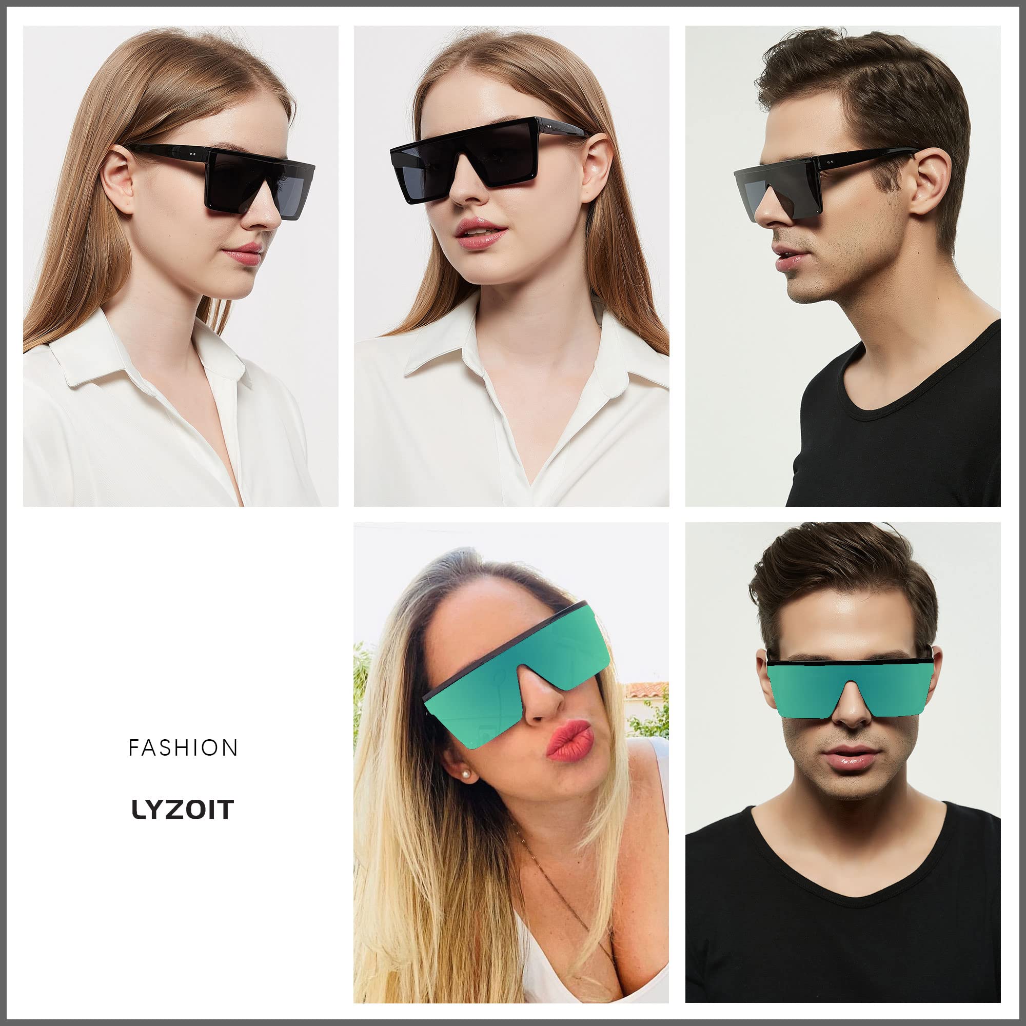 LYZOIT Square Oversized Sunglasses for Women Men Big Flat Top Fashion Shield Large UV Protection Rimless Shades