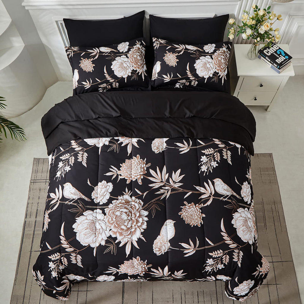 Yogeneg 7 Piece Bed in a Bag King Size Comforter Set Black Bedding Set,Gold Butterfly Leaves Printed on Black Reversible Design,Soft Microfiber Comforter with Sheet Set,All Season(Butterfly,King)