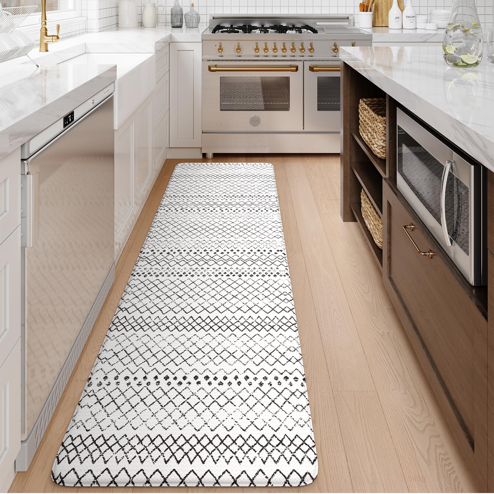 KIMODE Kitchen Mats 2PCS,Cushioned Anti Fatigue Kitchen Rugs and Mats,Non Skid Waterproof Kitchen Mats for Floor,Comfort Foam Standing Mat for Home Decor, Office,Sink,Laundry Room,Desk,Black and White