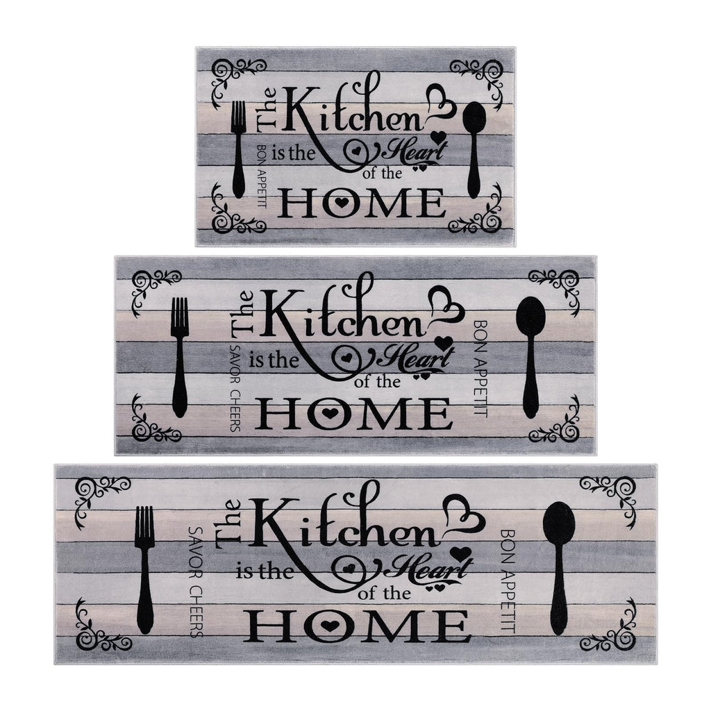 Vaukki Boho Kitchen Rug Sets 3 Pieces, Washable Kitchen Mats for Floor, Non Slip Soft Kitchen Area Rug Floor Mat for Kitchen, Laundry Room and Hallway (Grey and Beige, 20''x32''+20''x47''+20''x59'')