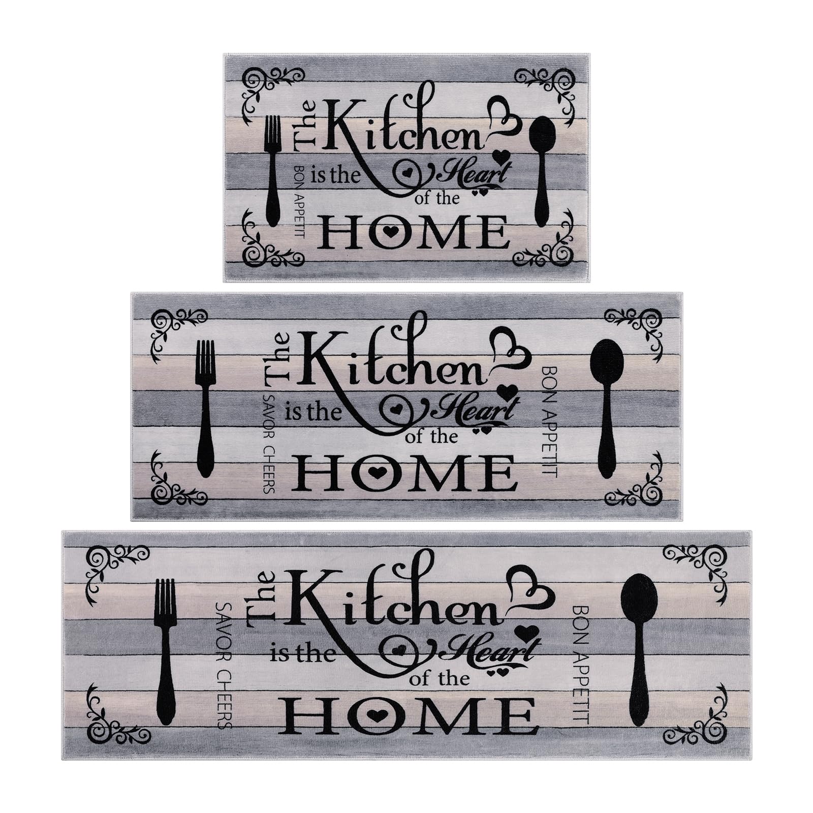 Vaukki Boho Kitchen Rug Sets 3 Pieces, Washable Kitchen Mats for Floor, Non Slip Soft Kitchen Area Rug Floor Mat for Kitchen, Laundry Room and Hallway (Grey and Beige, 20''x32''+20''x47''+20''x59'')
