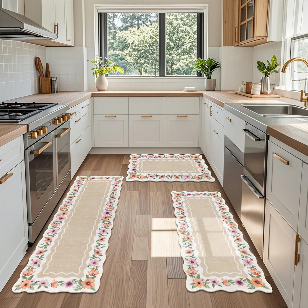 Vaukki Boho Kitchen Rug Sets 3 Pieces, Washable Kitchen Mats for Floor, Non Slip Soft Kitchen Area Rug Floor Mat for Kitchen, Laundry Room and Hallway (Grey and Beige, 20''x32''+20''x47''+20''x59'')