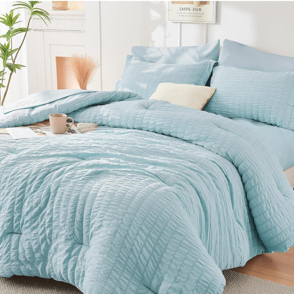 HYMOKEGE 7 Piece King Size Comforter Set Seersucker, All Season Luxury Bed in a Bag for Bedroom, Bedding Set with Comforters, Sheets, Pillowcases & Shams, Dark Grey