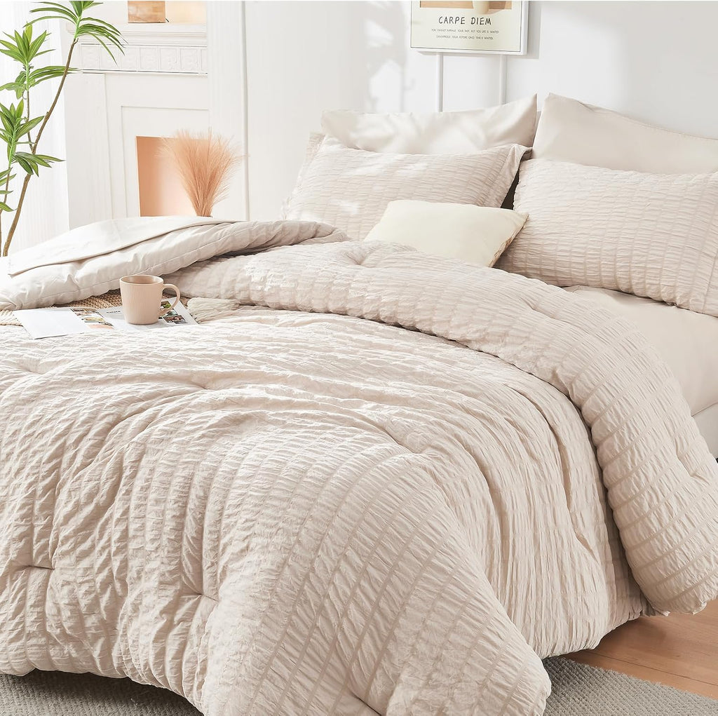 HYMOKEGE 7 Piece King Size Comforter Set Seersucker, All Season Luxury Bed in a Bag for Bedroom, Bedding Set with Comforters, Sheets, Pillowcases & Shams, Dark Grey