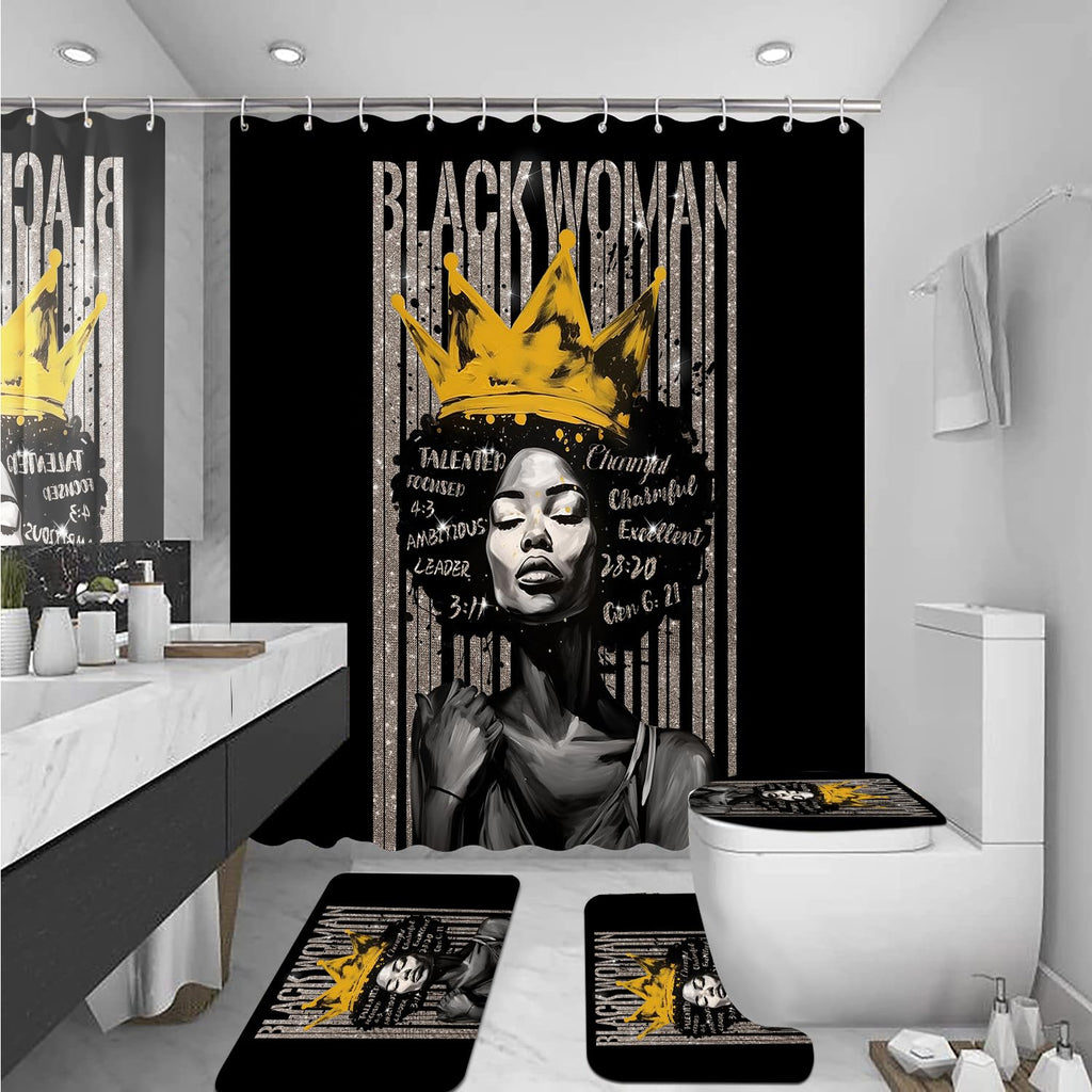 African American Shower Curtain Sets for Bathroom, Black Praying King Bathroom Sets with Waterproof Shower Curtain and Non-Slip Rugs Toilet Lid Cover Bath Mat, Cool Unique Man Bathroom Decor Sets