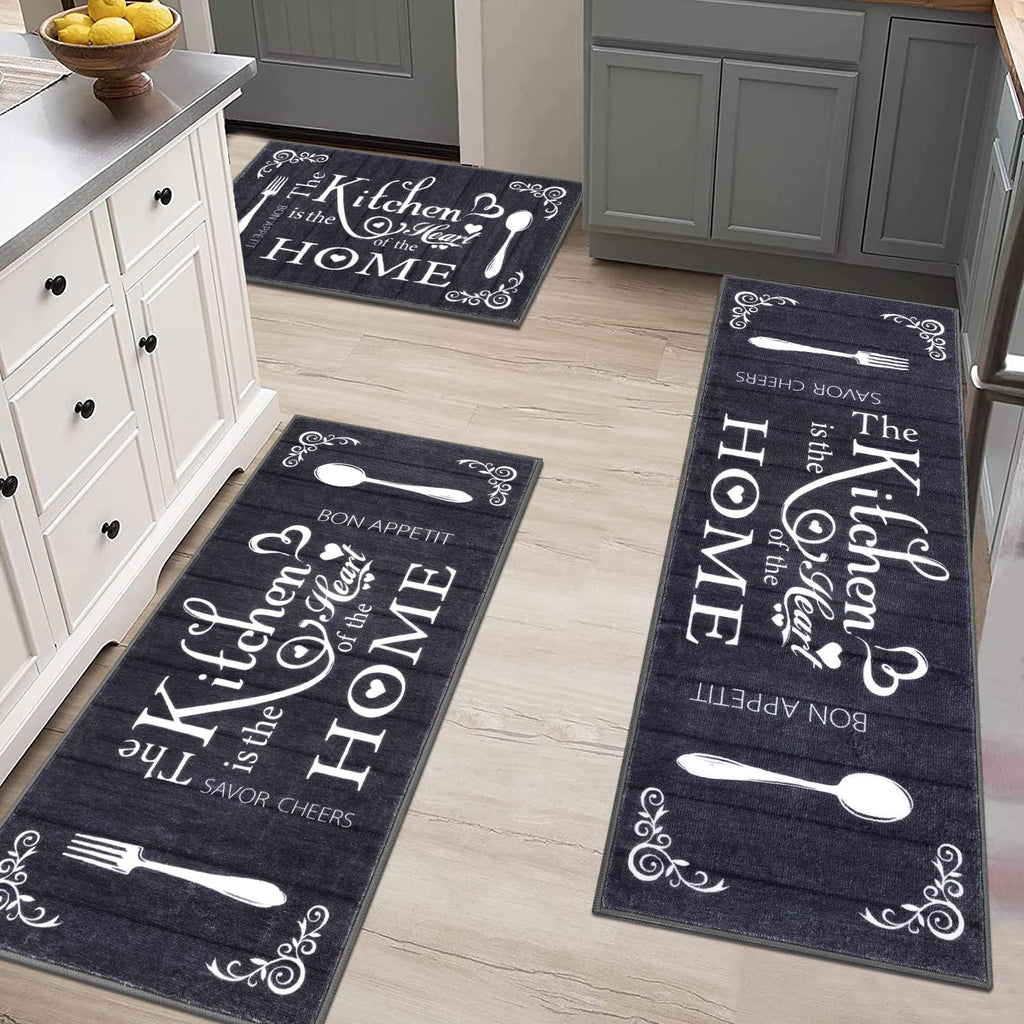 Vaukki Boho Kitchen Rug Sets 3 Pieces, Washable Kitchen Mats for Floor, Non Slip Soft Kitchen Area Rug Floor Mat for Kitchen, Laundry Room and Hallway (Grey and Beige, 20''x32''+20''x47''+20''x59'')